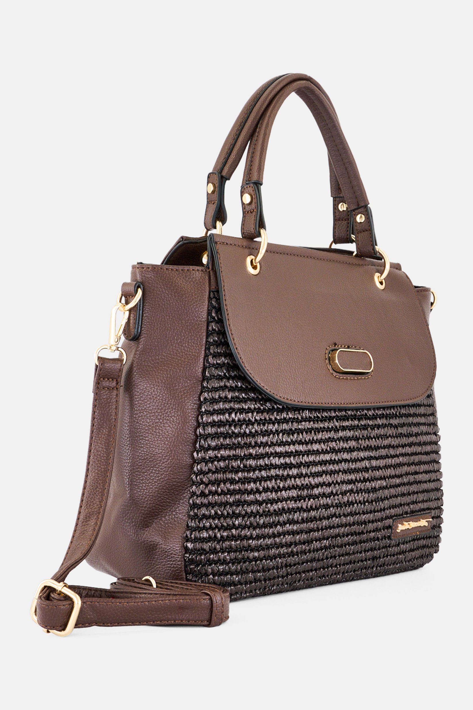Women Brand Logo Handbag, Dark Brown