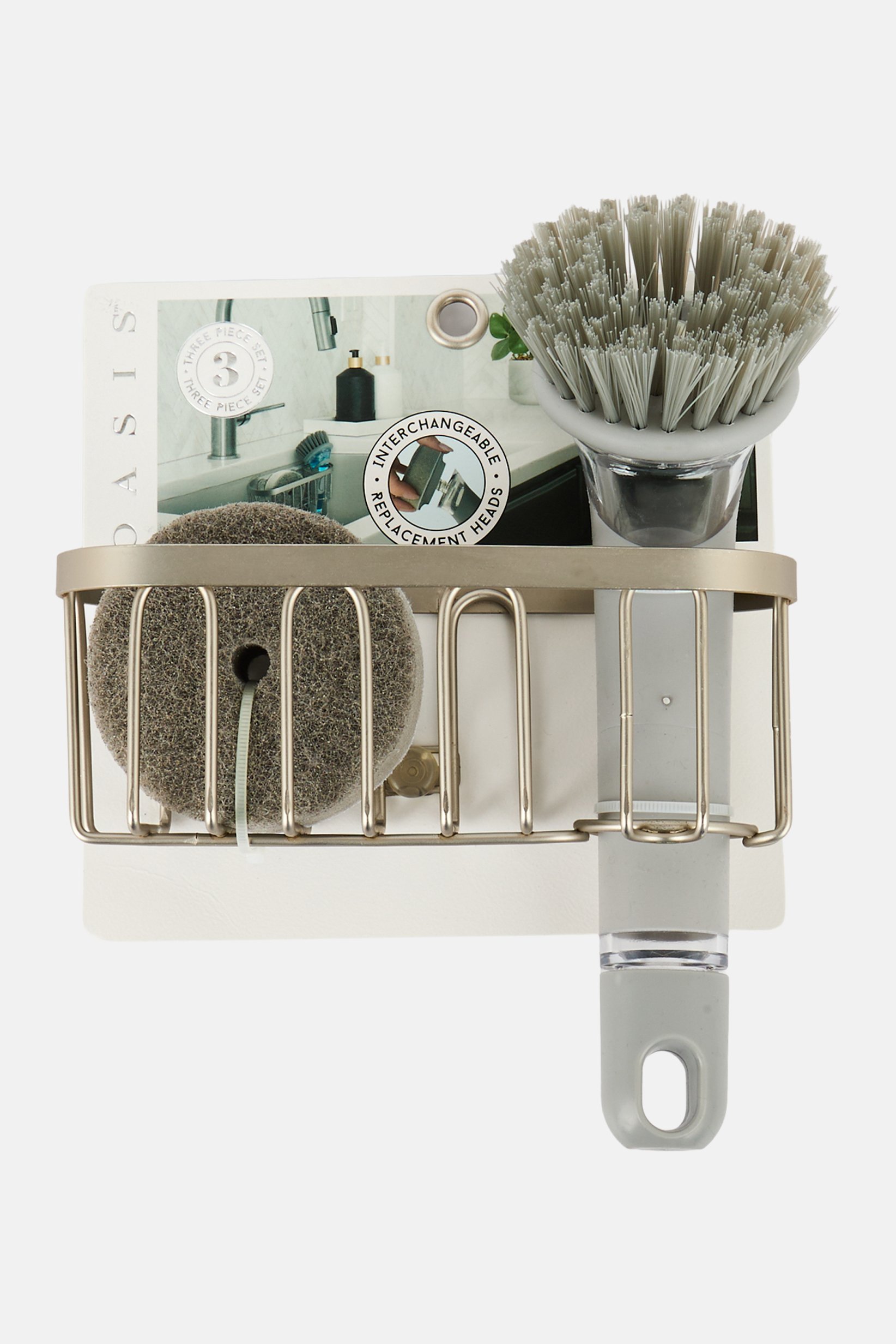 3 Pcs Sink Caddy And Soap Dispensing Dish Brush Set With Replacement Head, Grey