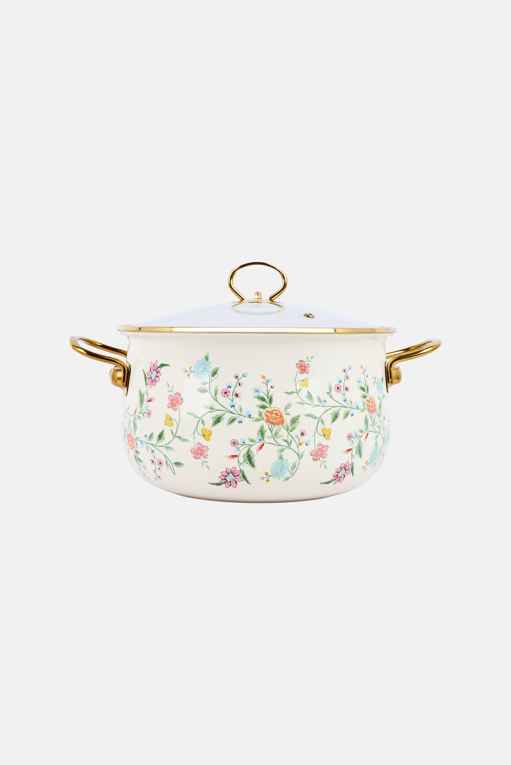 Floral Print Enamel Pot With Glass Lid, Cream