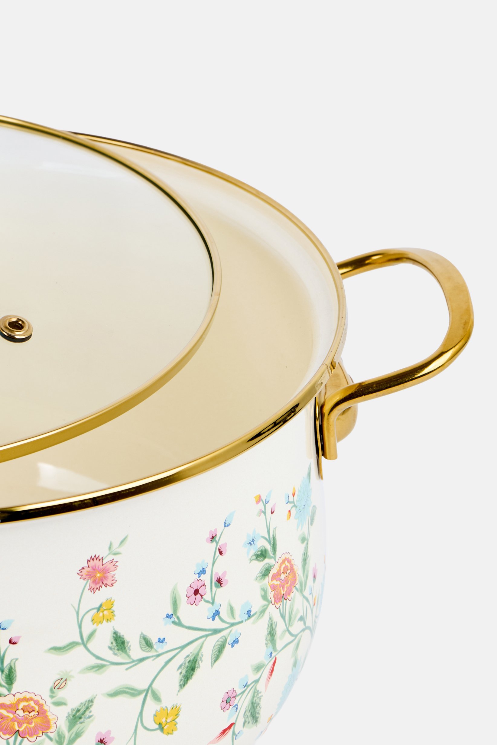 Floral Print Enamel Pot With Glass Lid, Cream