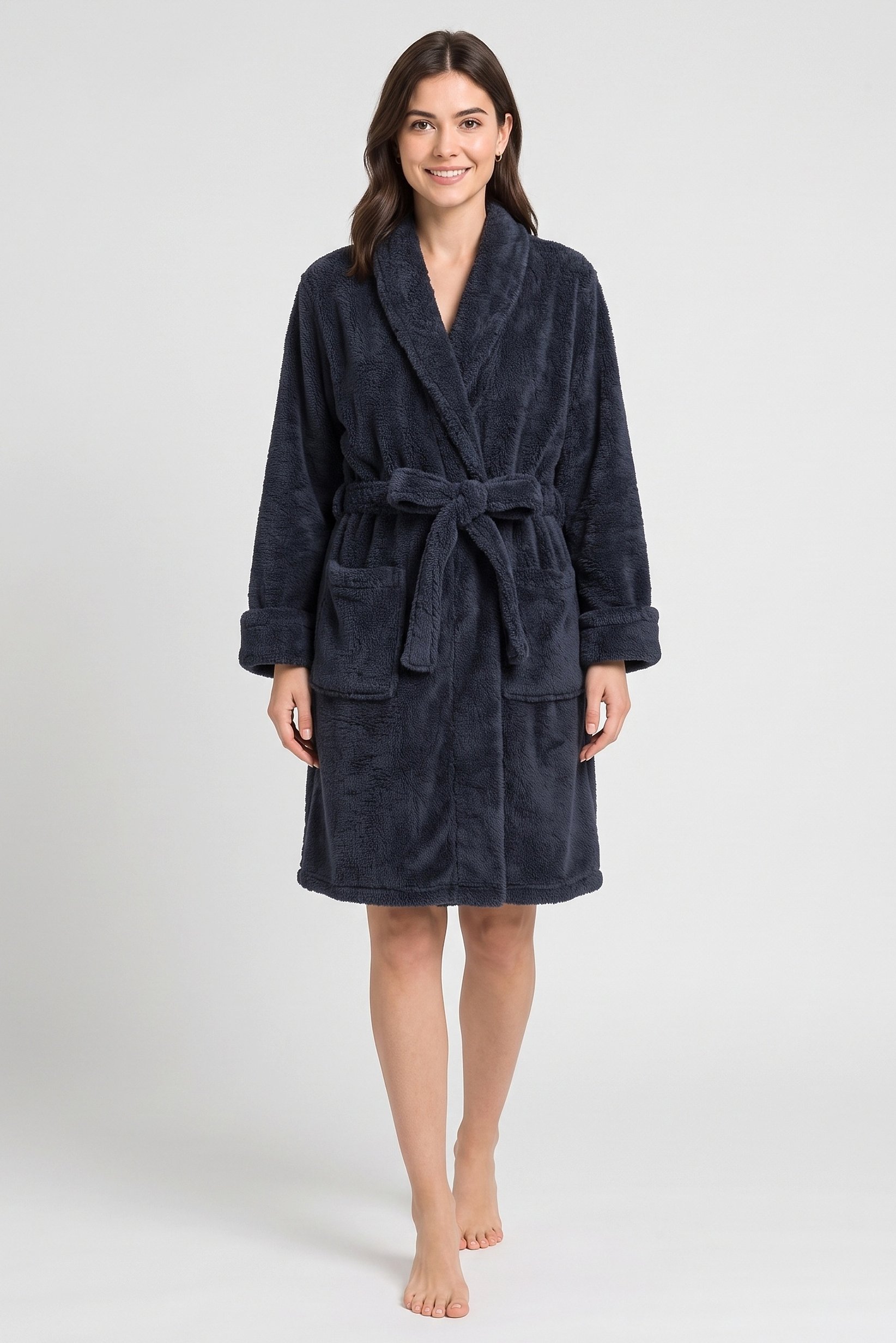 Women Plaid Long Sleeve Robe, Charcoal