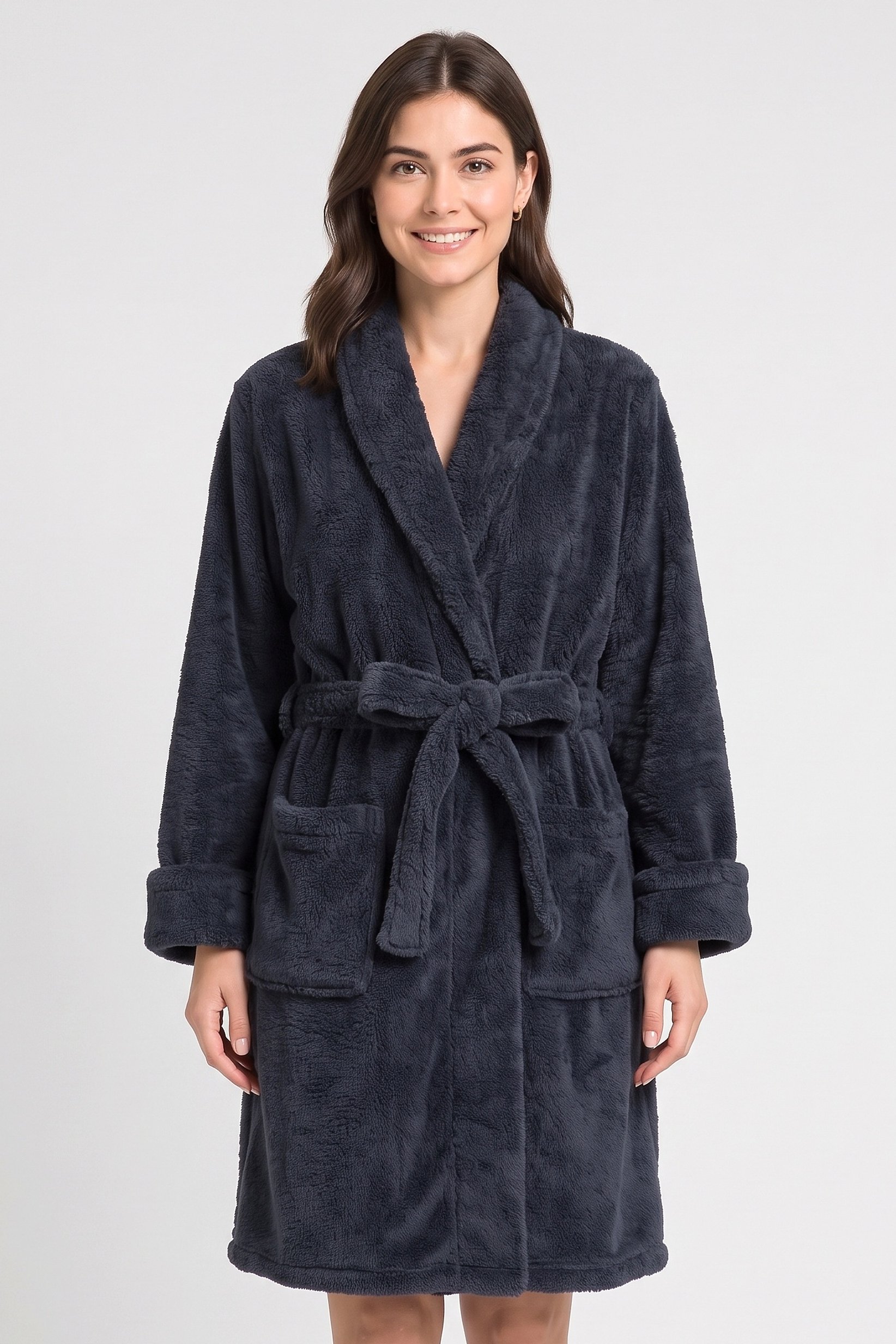 Women Plaid Long Sleeve Robe, Charcoal