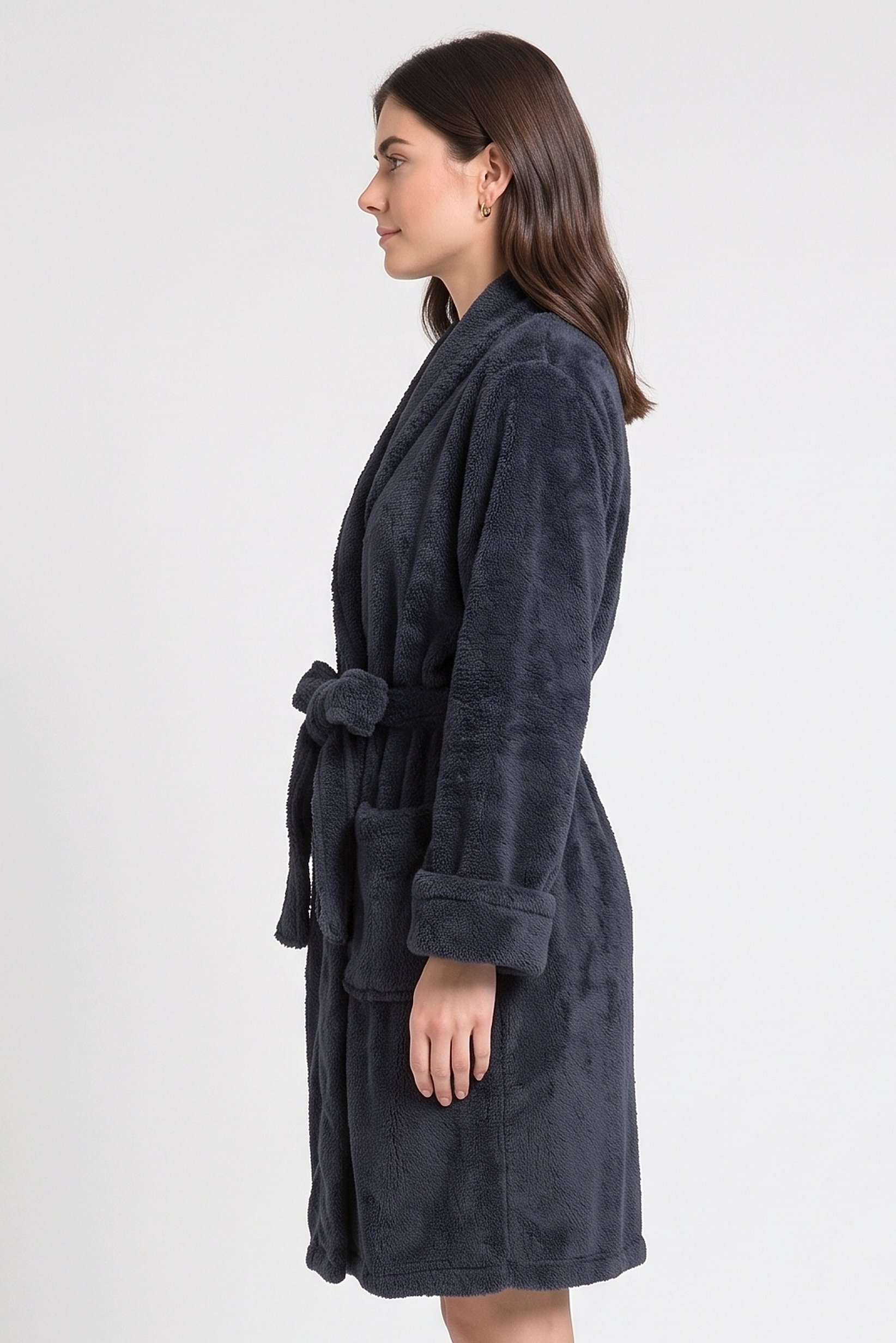 Women Plaid Long Sleeve Robe, Charcoal