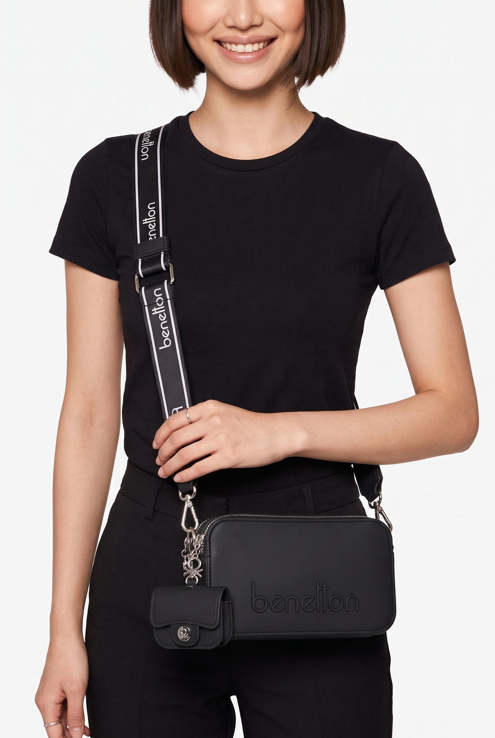 Women Brand Logo Cross Body Bag With Airpods Pouch Case, Black