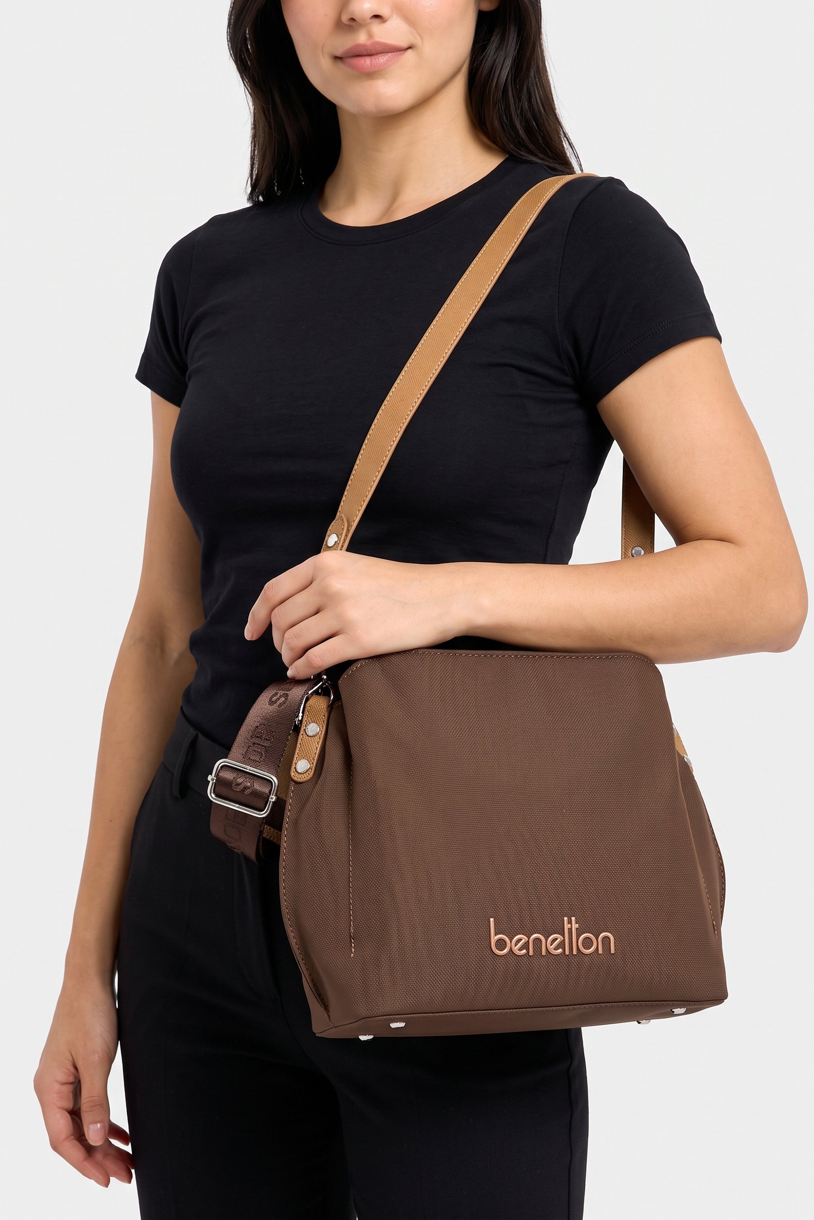 Women Embroidered Logo Shoulder Bag, Chocolate