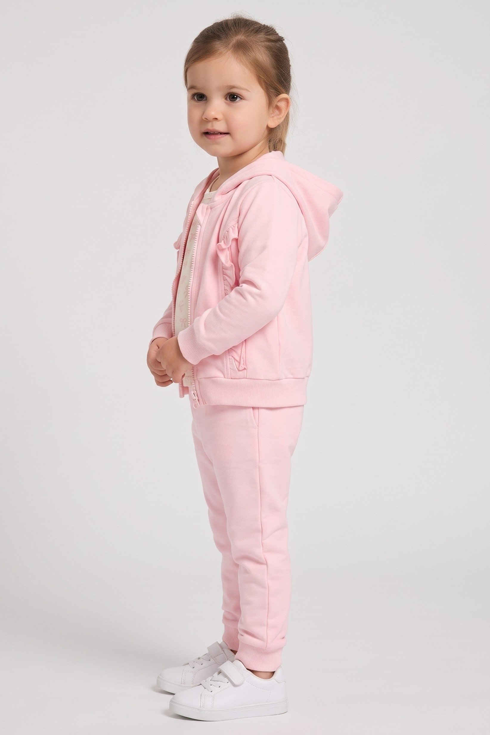 Toddlers Girl 3 Pieces Plain Full Zip Hoodie And Sweatpants With T-Shirt Set, Multicolor