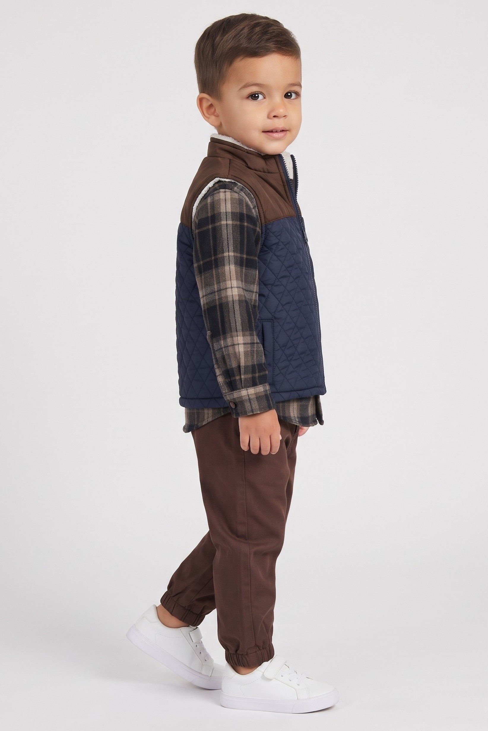 Toddlers Boy 3 Pieces Checkered Shirt And Pants With Vest Jacket Set, Multicolor