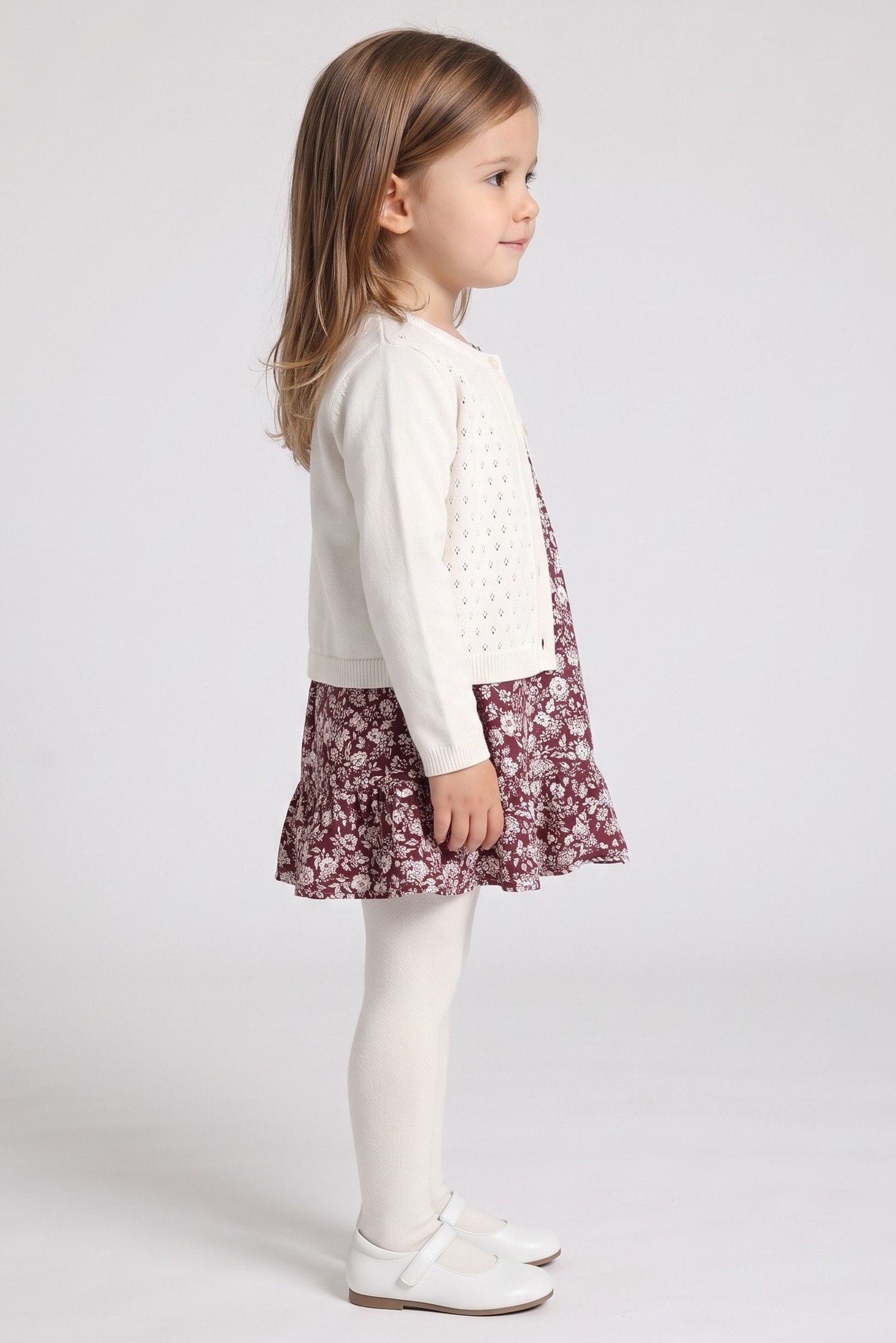Toddlers Girl 3 Pcs Floral Print Dress And Tights With Cardigan Set, Multicolor