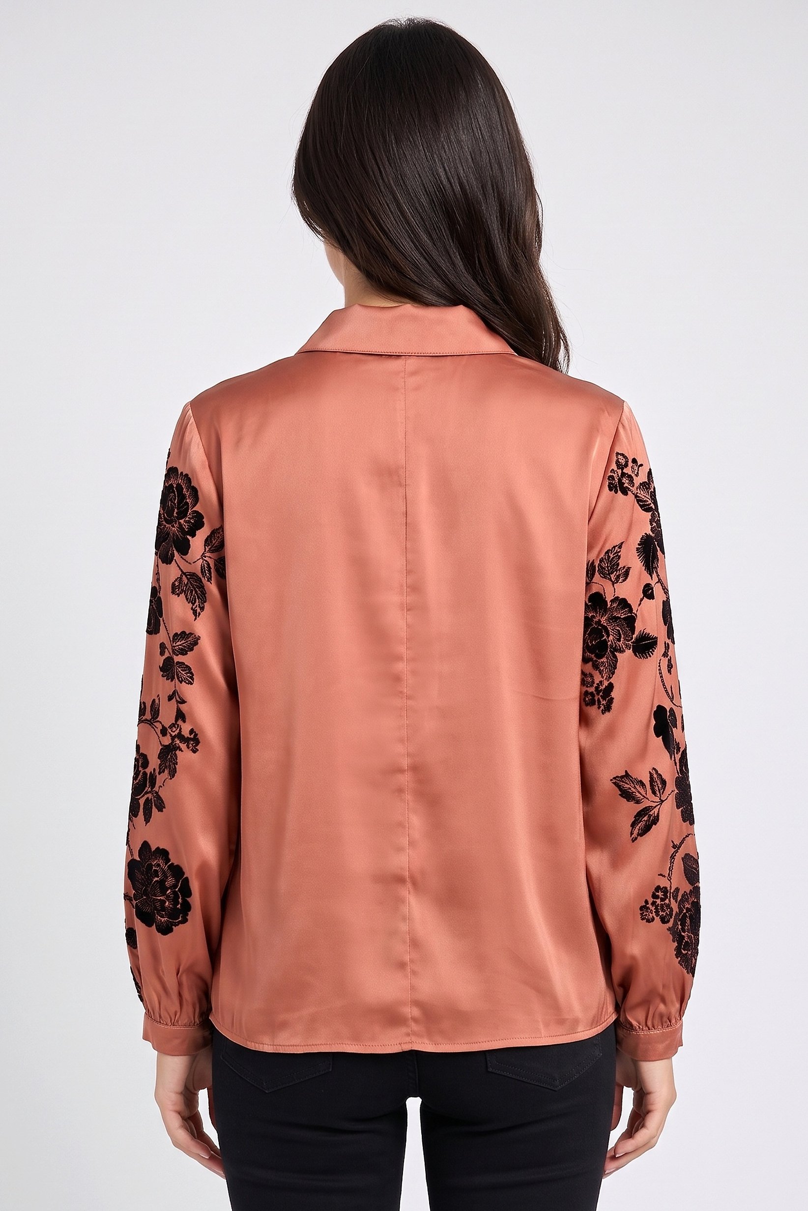 Women Spread Collar Long Sleeve Embroidered Shirt, Multicolor
