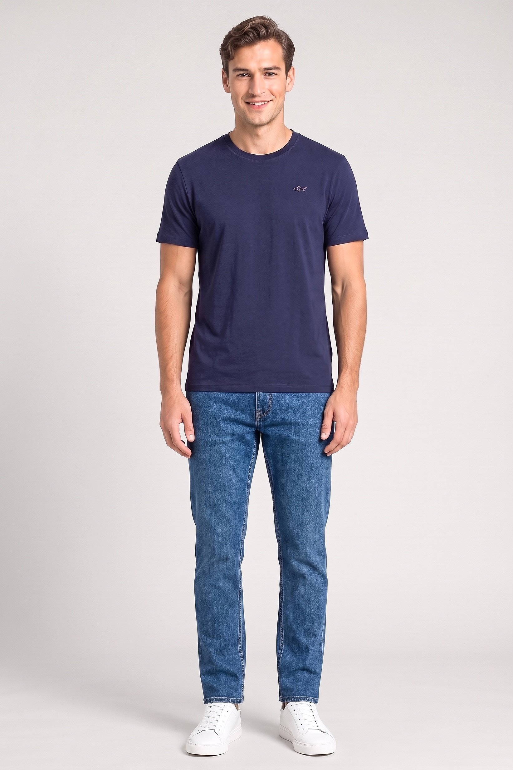 Men Crew Neck Short Sleeve Brand Logo T-Shirt, Navy