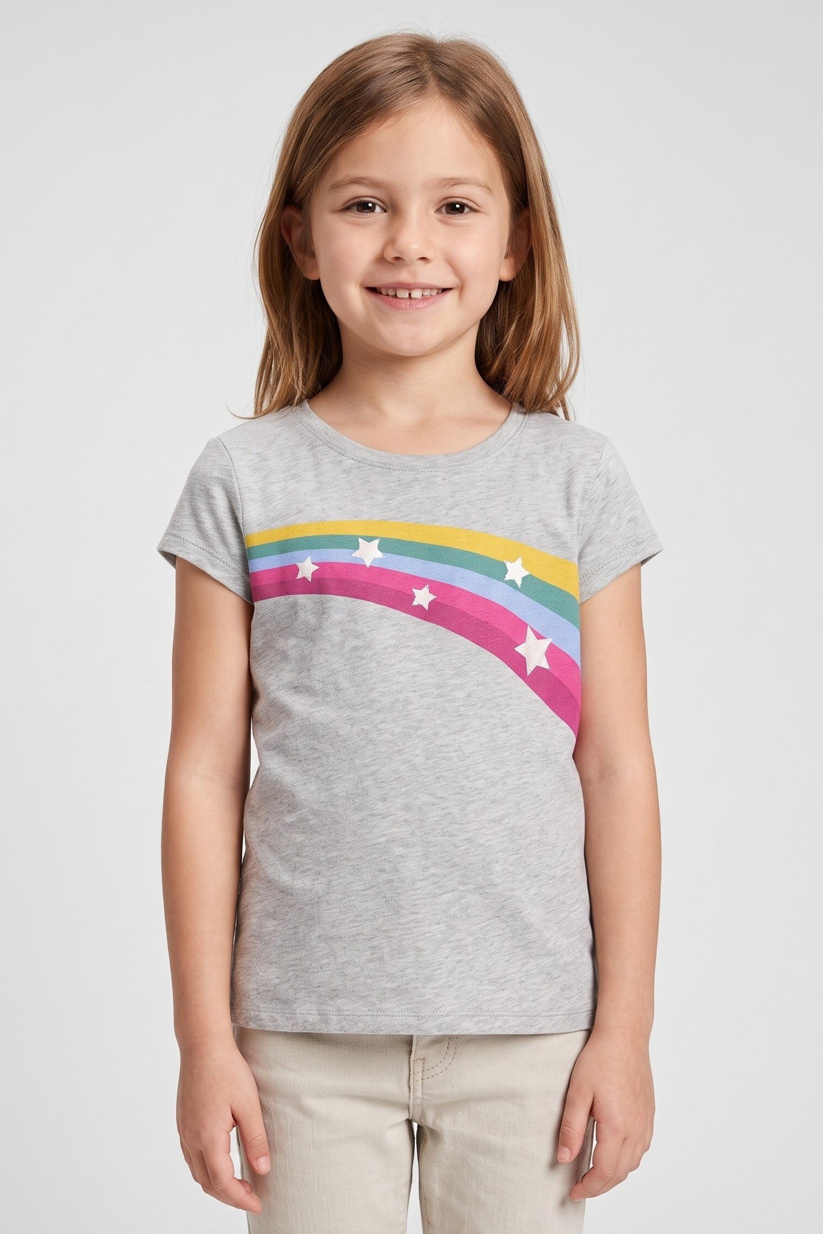 Kids Girl Graphic Print Short Sleeve Top, Heather Grey