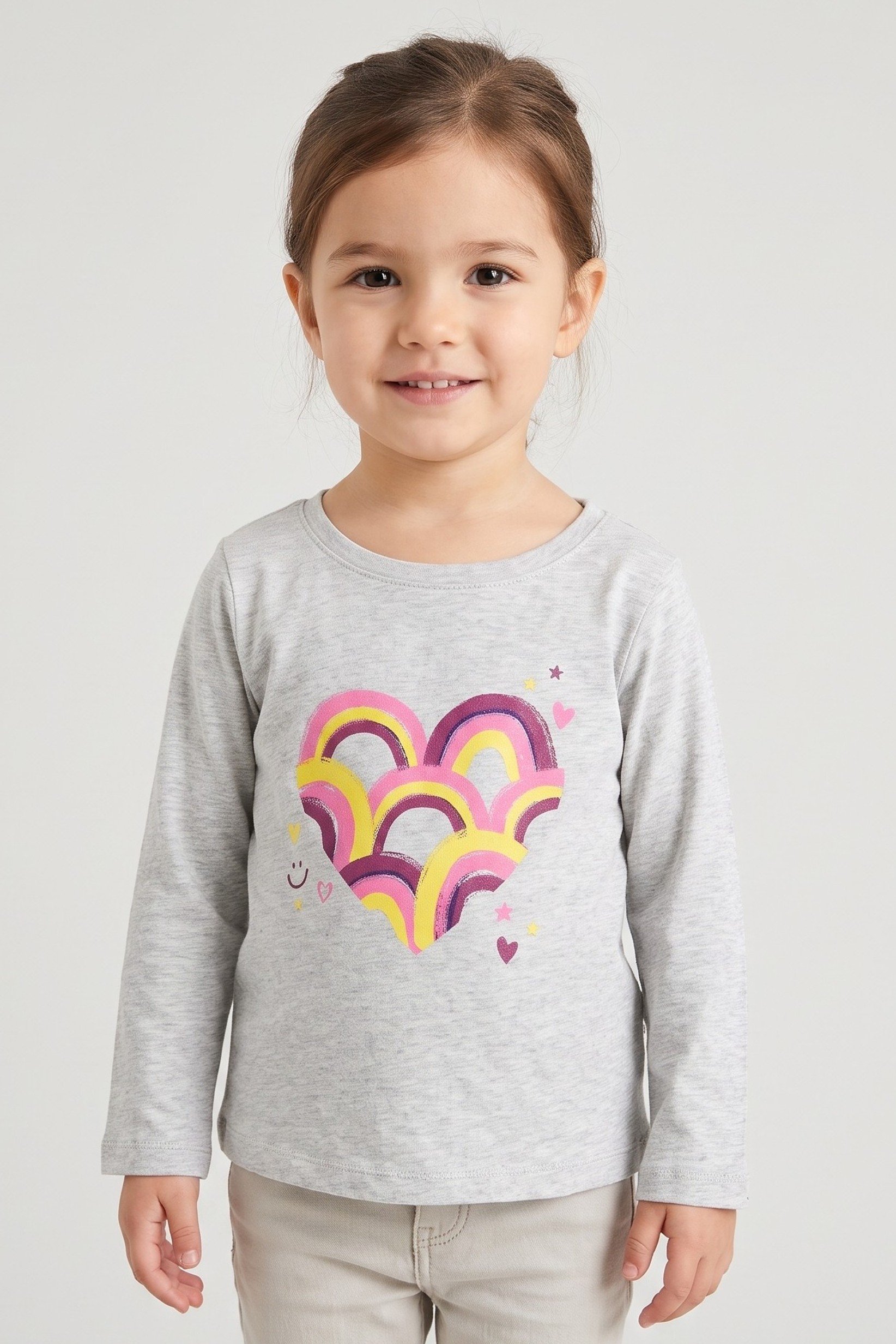 Toddlers Girl Crew Neck Graphic Print Long Sleeve T-shirt, Heather Grey