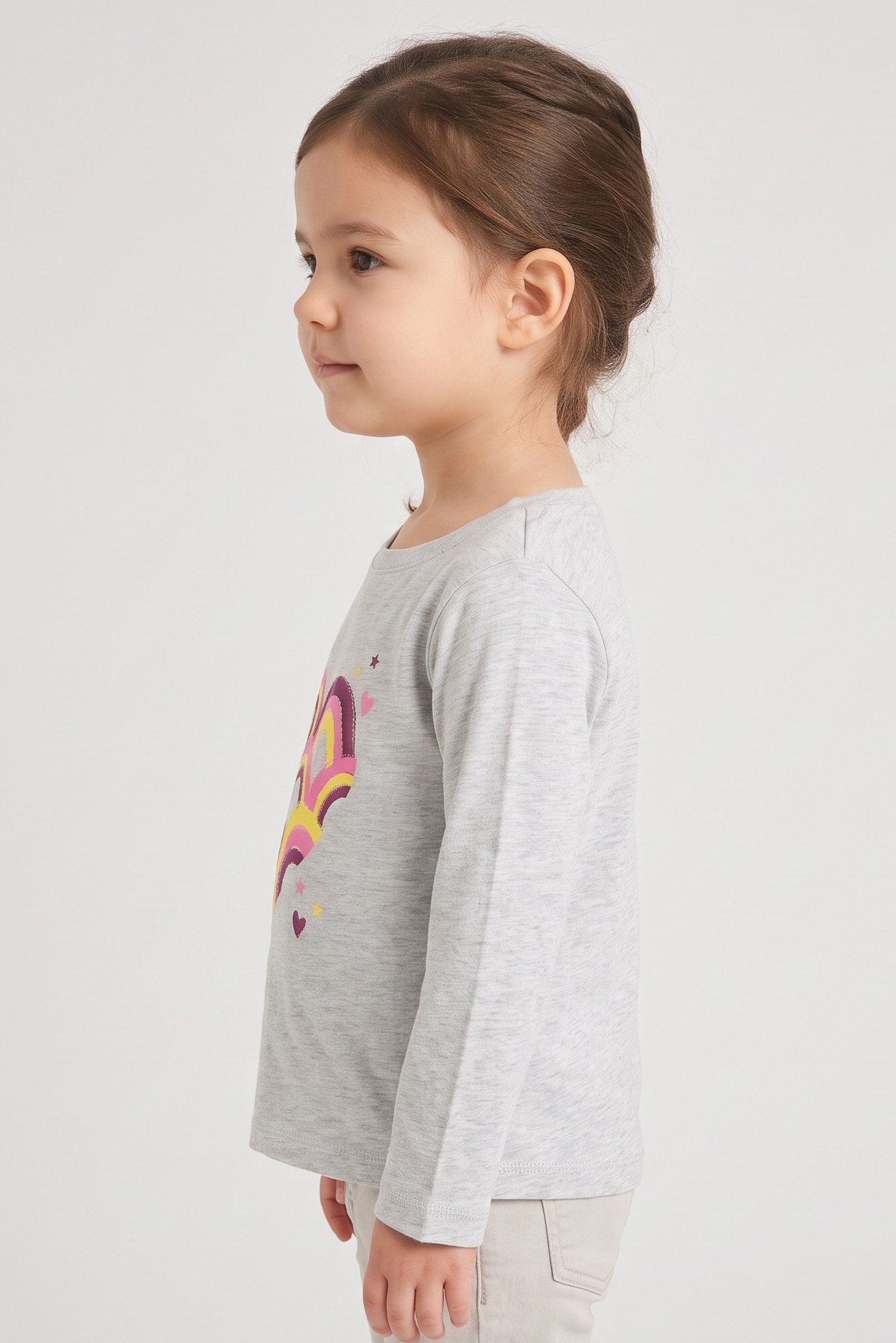 Toddlers Girl Crew Neck Graphic Print Long Sleeve T-shirt, Heather Grey