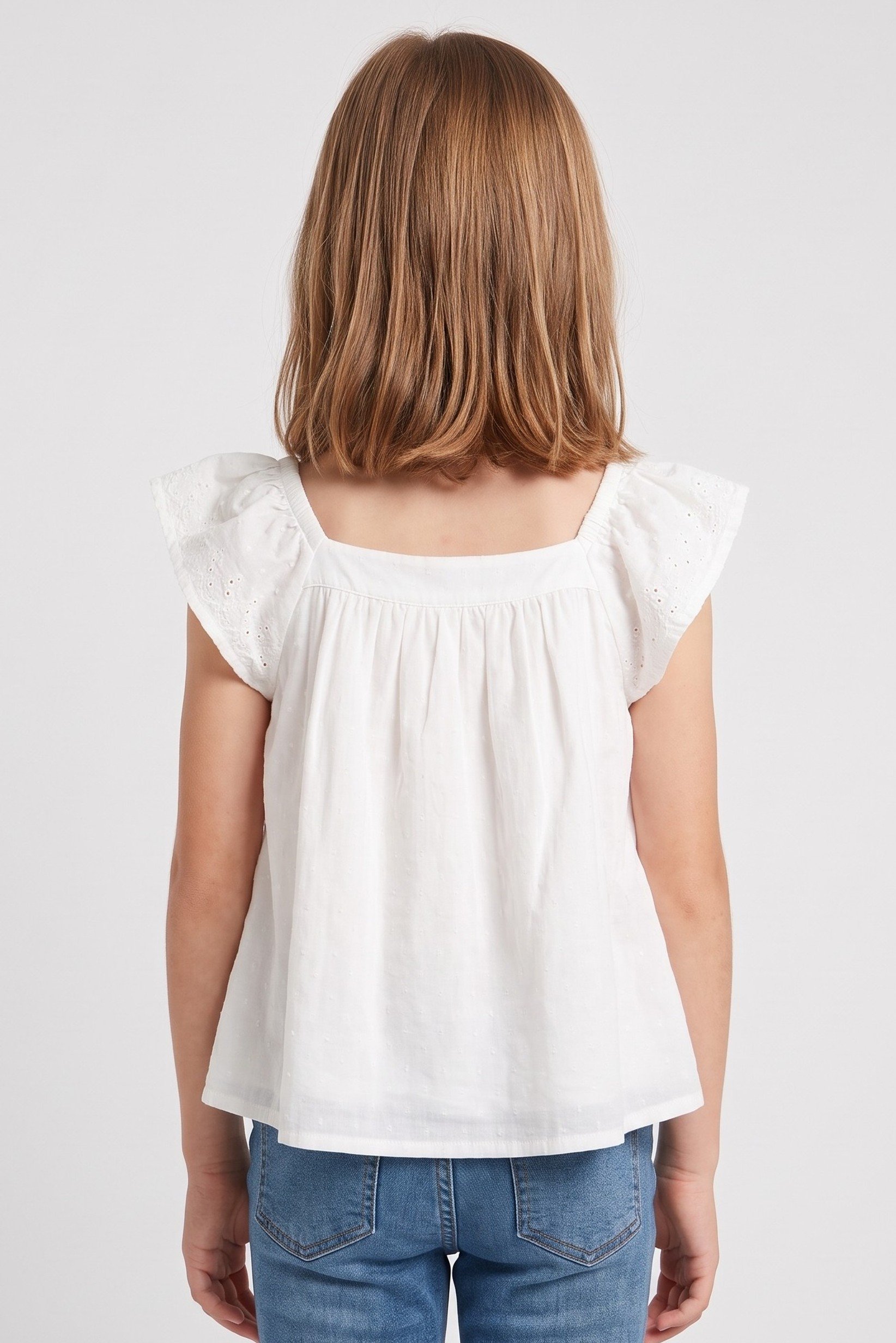 Kids Girl Embroidered Ruffle Sleeve Top, White