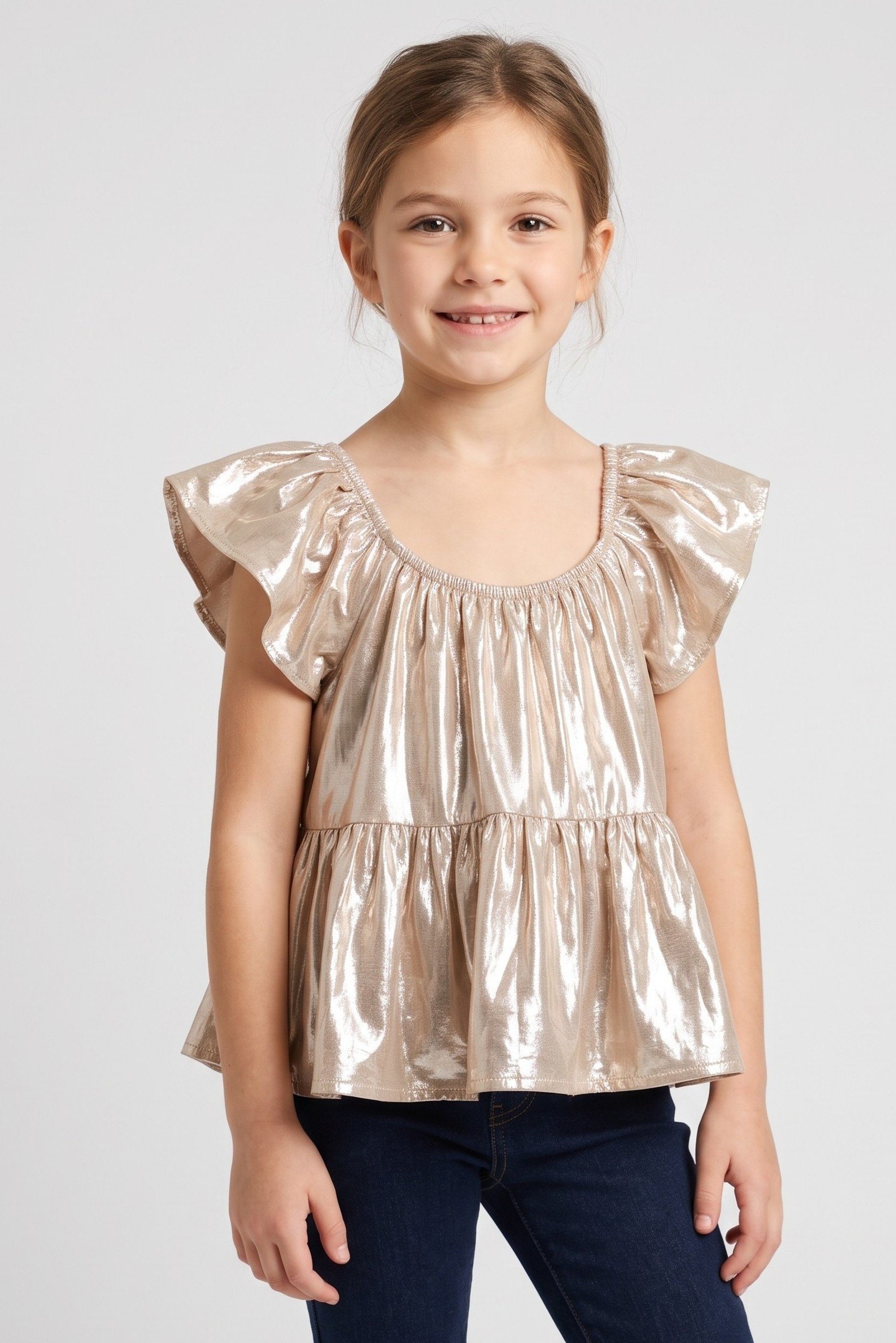Kids Girl U Neck Metallic Top, Beige