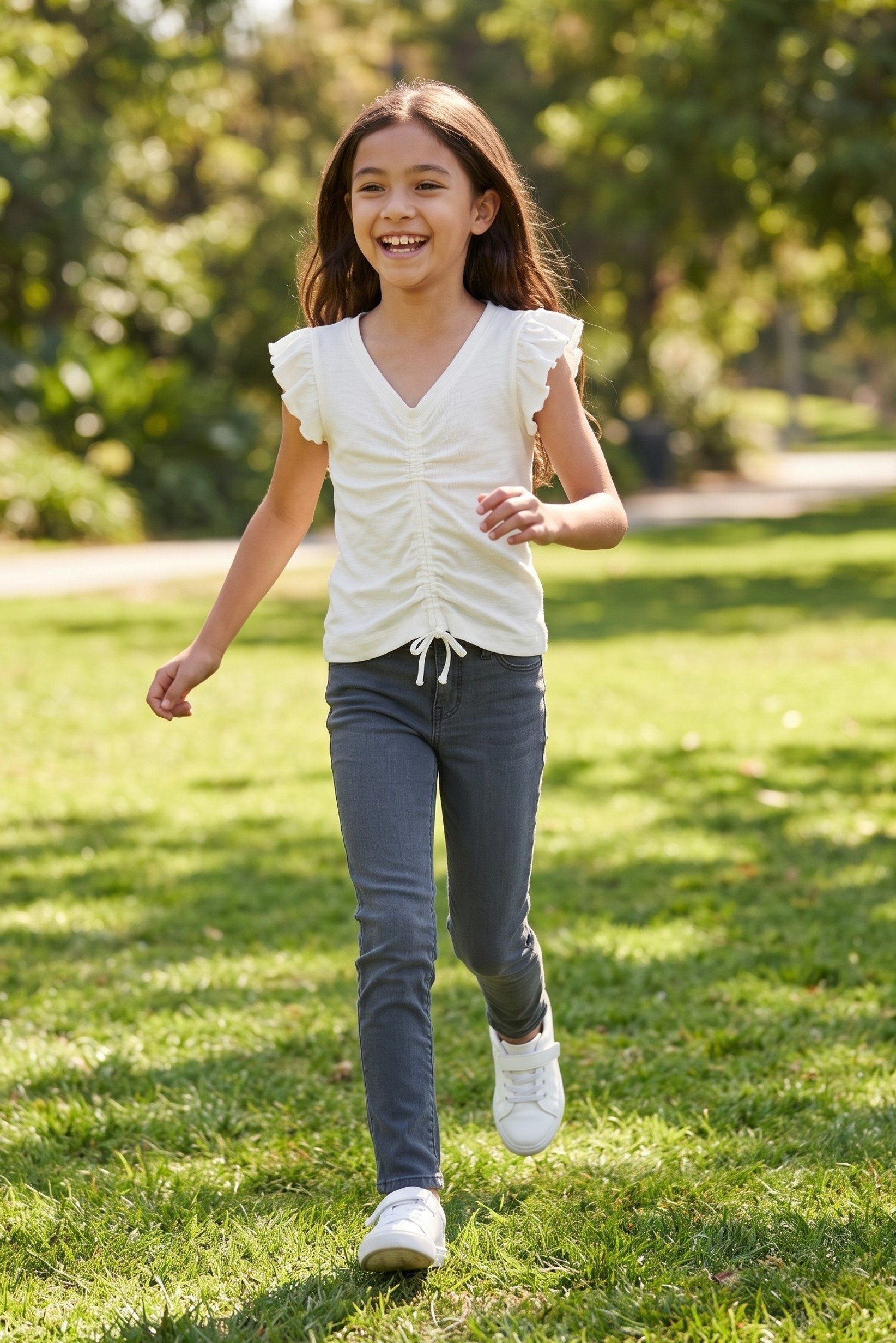 Kids Girl Solid Ruffle Sleeve Top, Off White