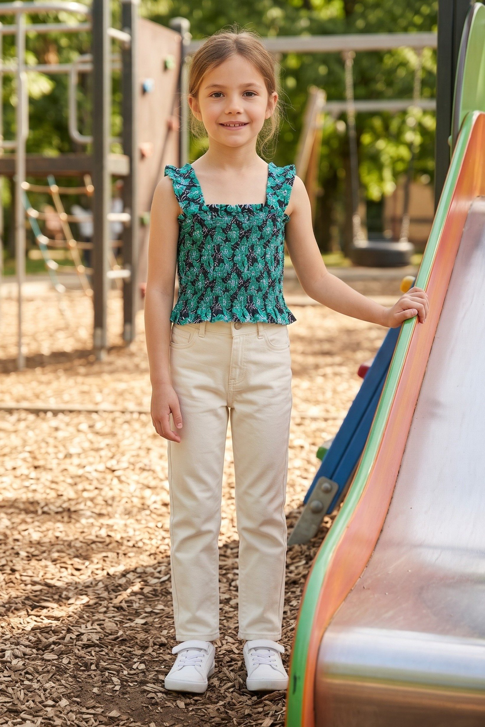 Kids Girl Square Neck Floral Print Sleeveless Top, Multicolor