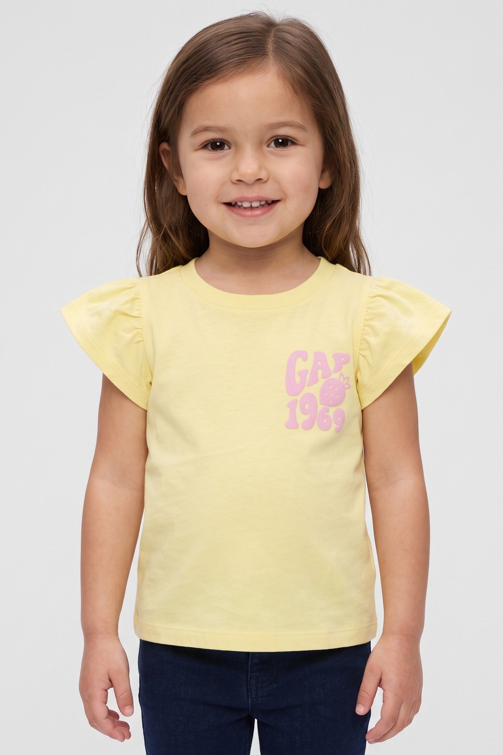 Toddlers Girl Cap Sleeve Brand Logo Top, Yellow