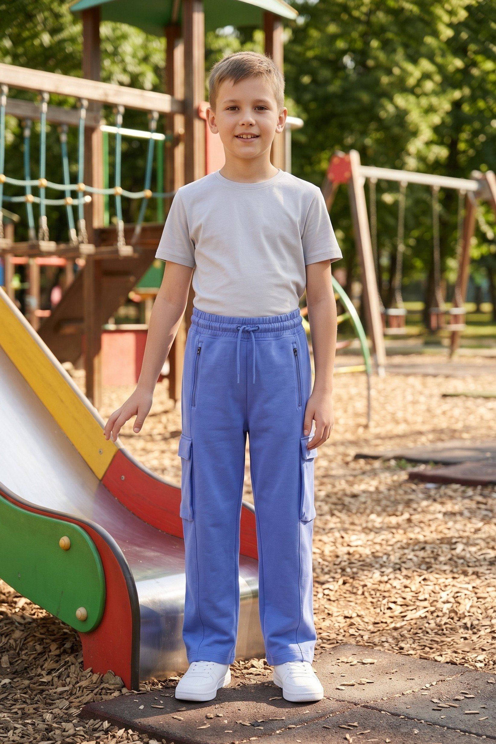 Kids Boy Regular Fit Solid Cargo Pants, Blue