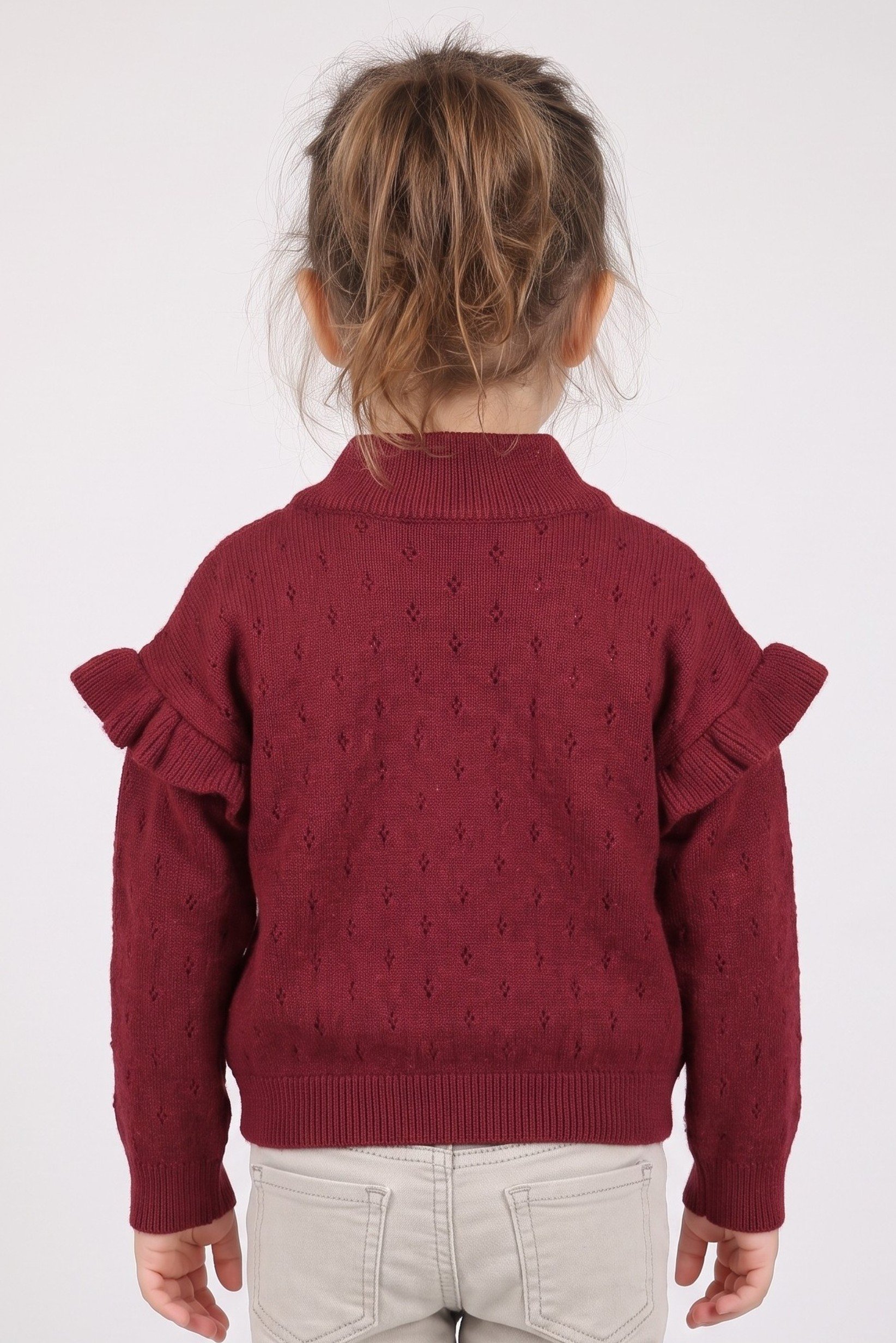 Toddlers Girl Textured Long Sweater, Dark Red