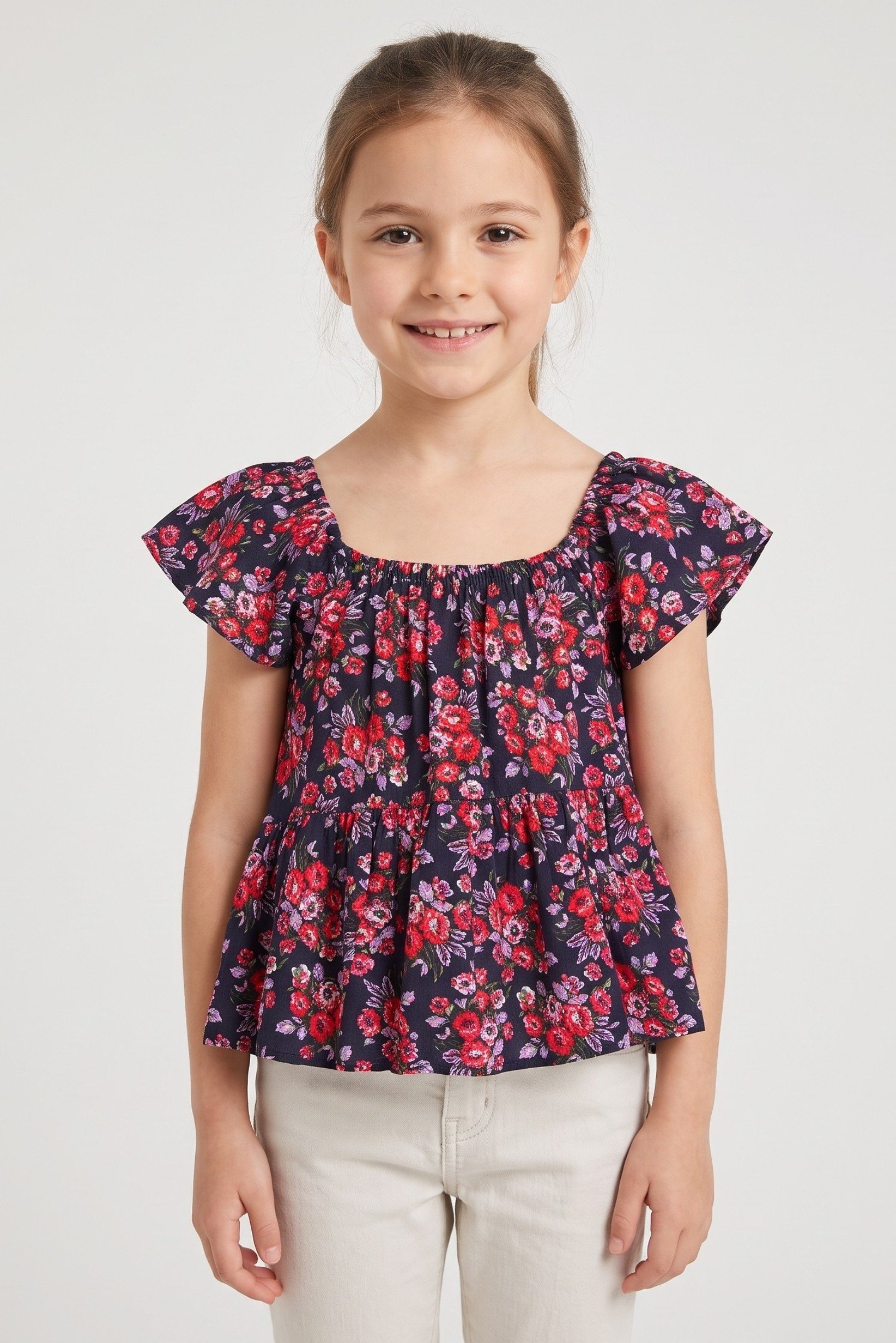Kids Girl Ruffle Sleeve Floral Print Top, Multicolor