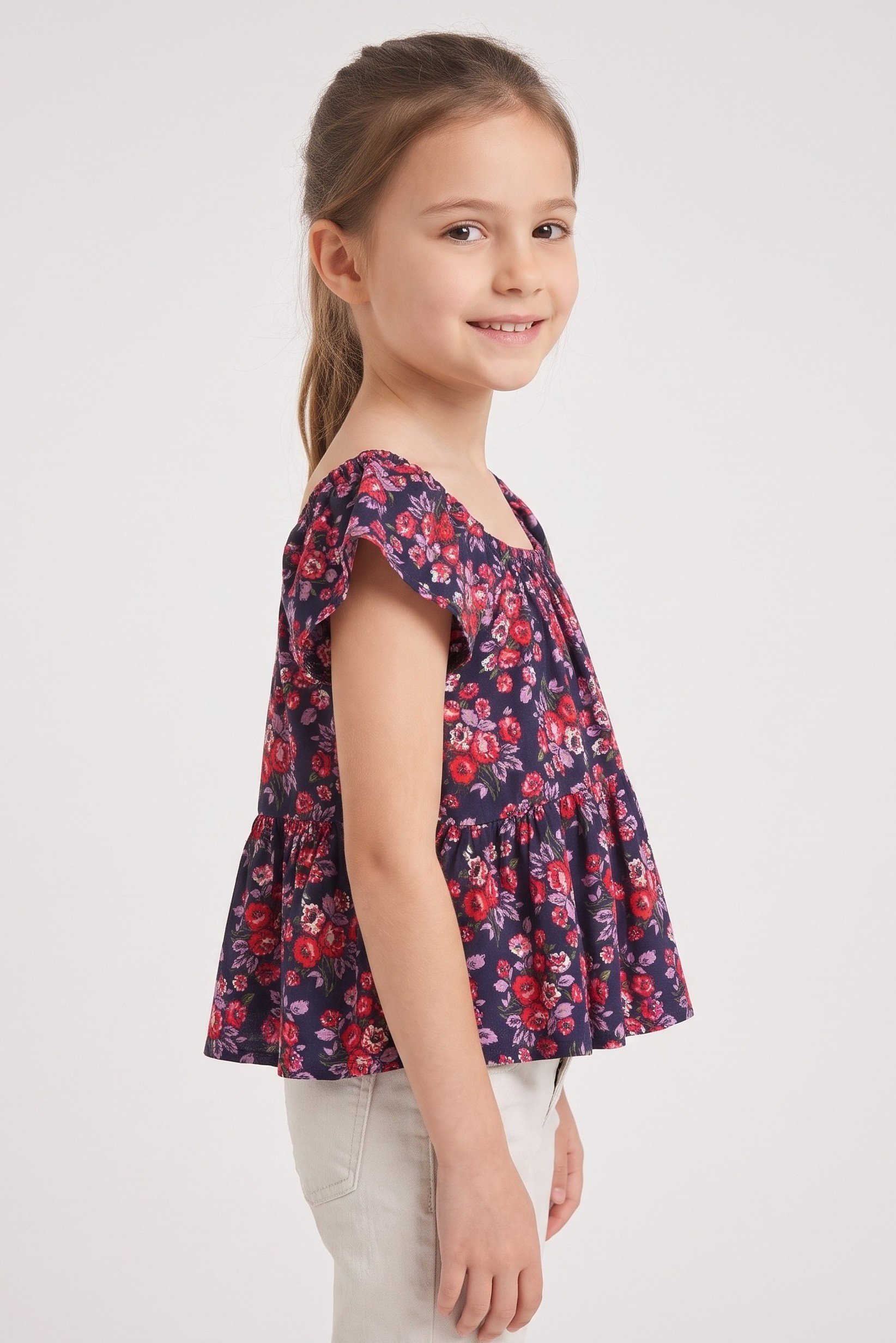 Kids Girl Ruffle Sleeve Floral Print Top, Multicolor