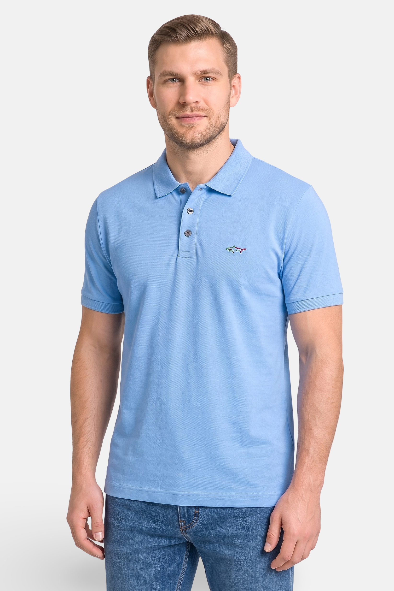 Men Regular Fit Short Sleeve Embroidered Logo Polo Shirt, Light Blue
