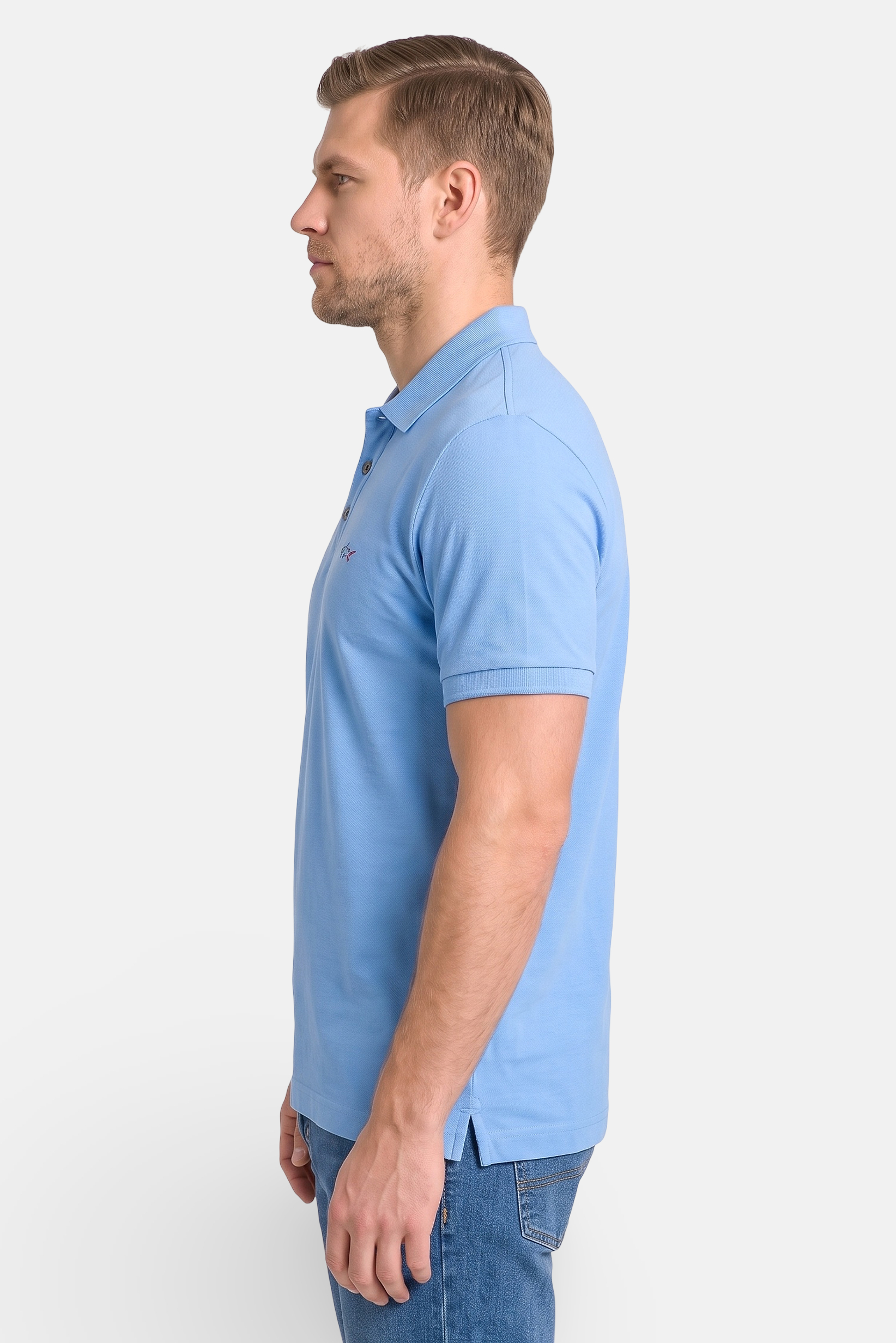 Men Regular Fit Short Sleeve Embroidered Logo Polo Shirt, Light Blue