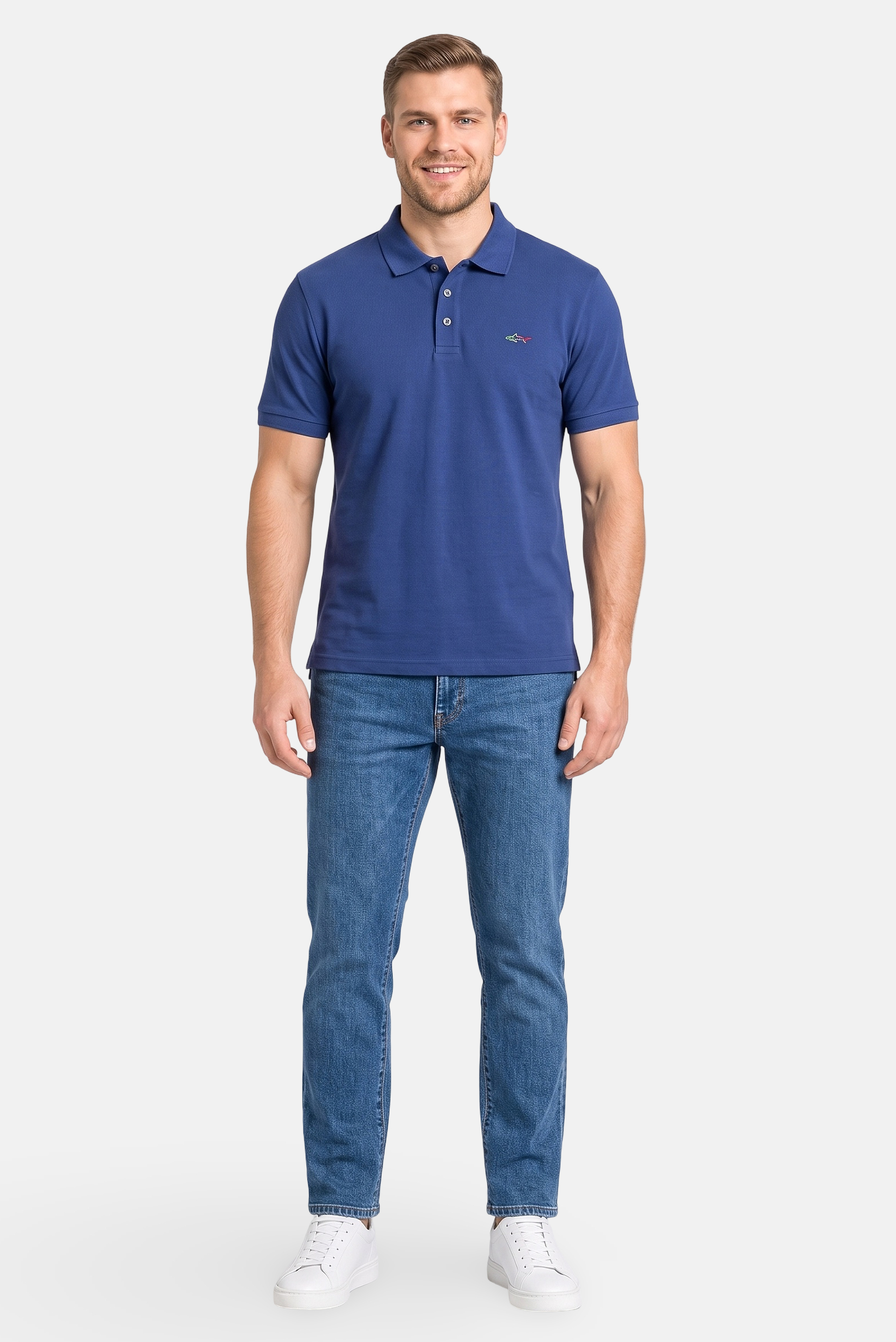 Men Regular Fit Short Sleeve Embroidered Logo Polo Shirt, Navy Blue