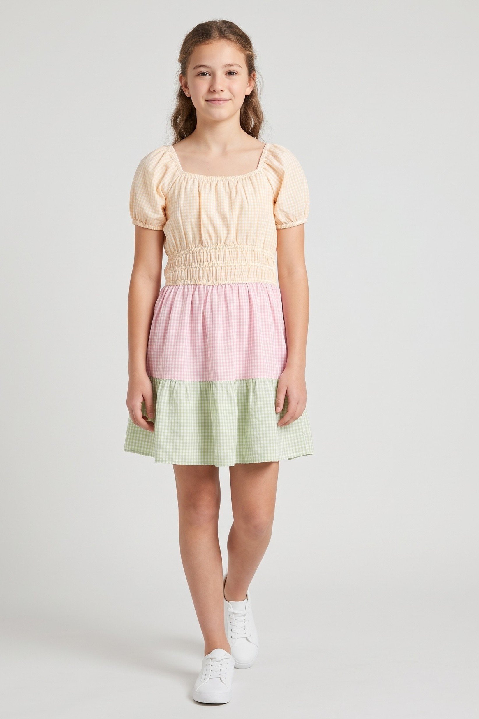 Kids Girl Checkered Short Sleeve Dress, Multicolor