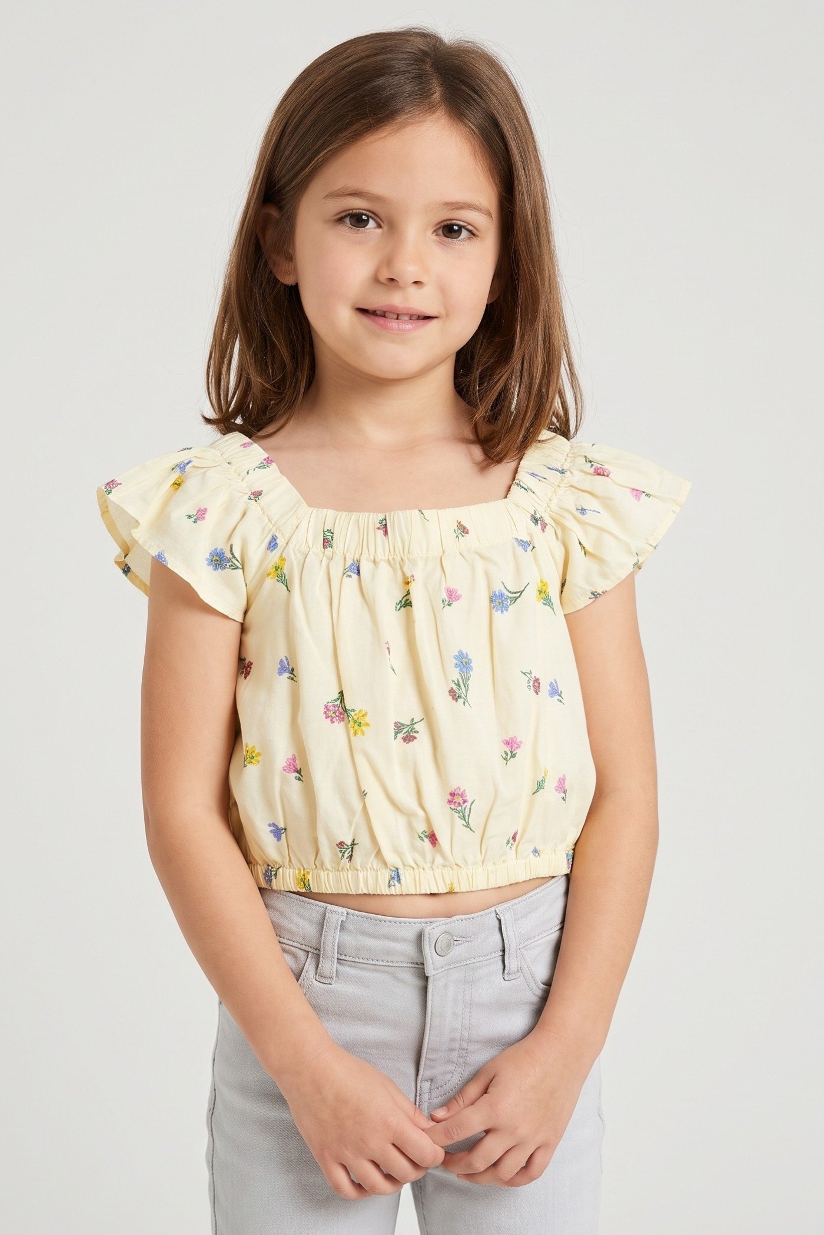 Kids Girl Allover Print Short Sleeve Crop Top, Multicolor