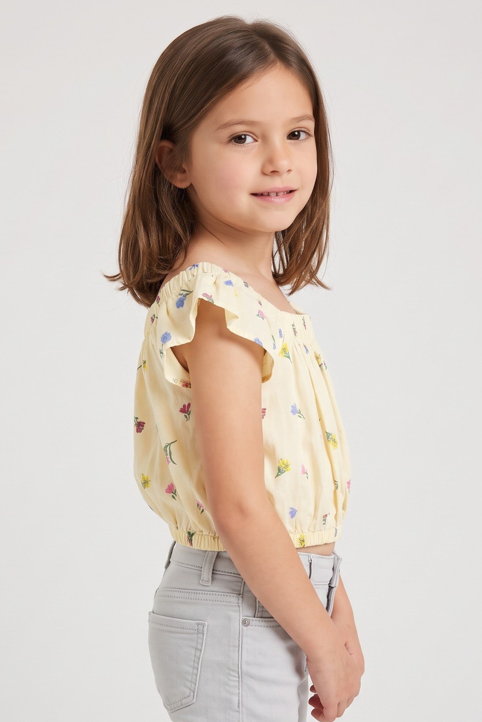Kids Girl Allover Print Short Sleeve Crop Top, Multicolor
