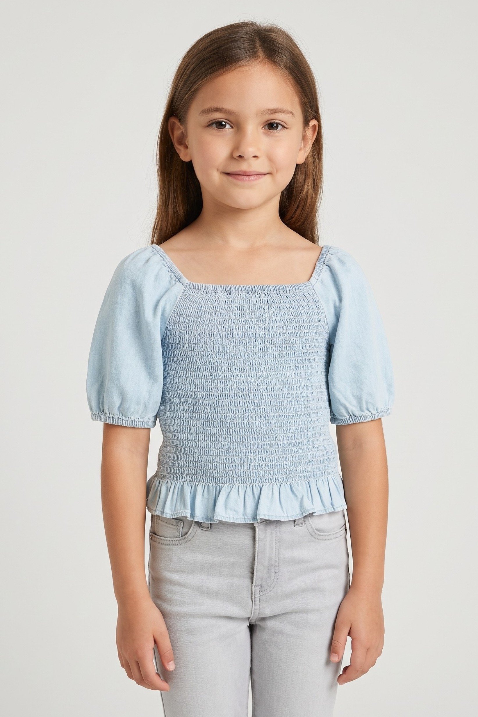 Kids Girl Square Neck Short Sleeve Washed Top, Blue