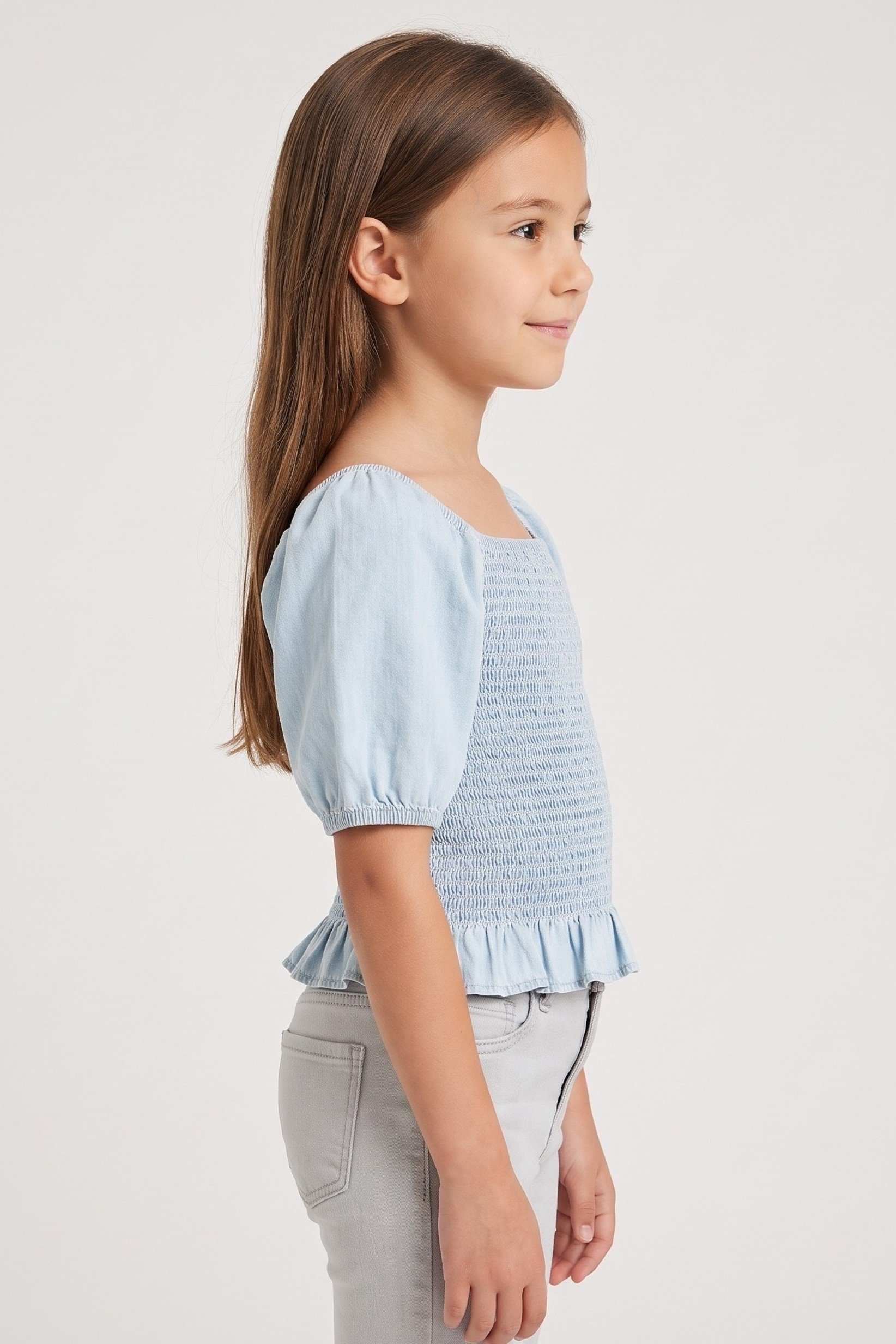 Kids Girl Square Neck Short Sleeve Washed Top, Blue