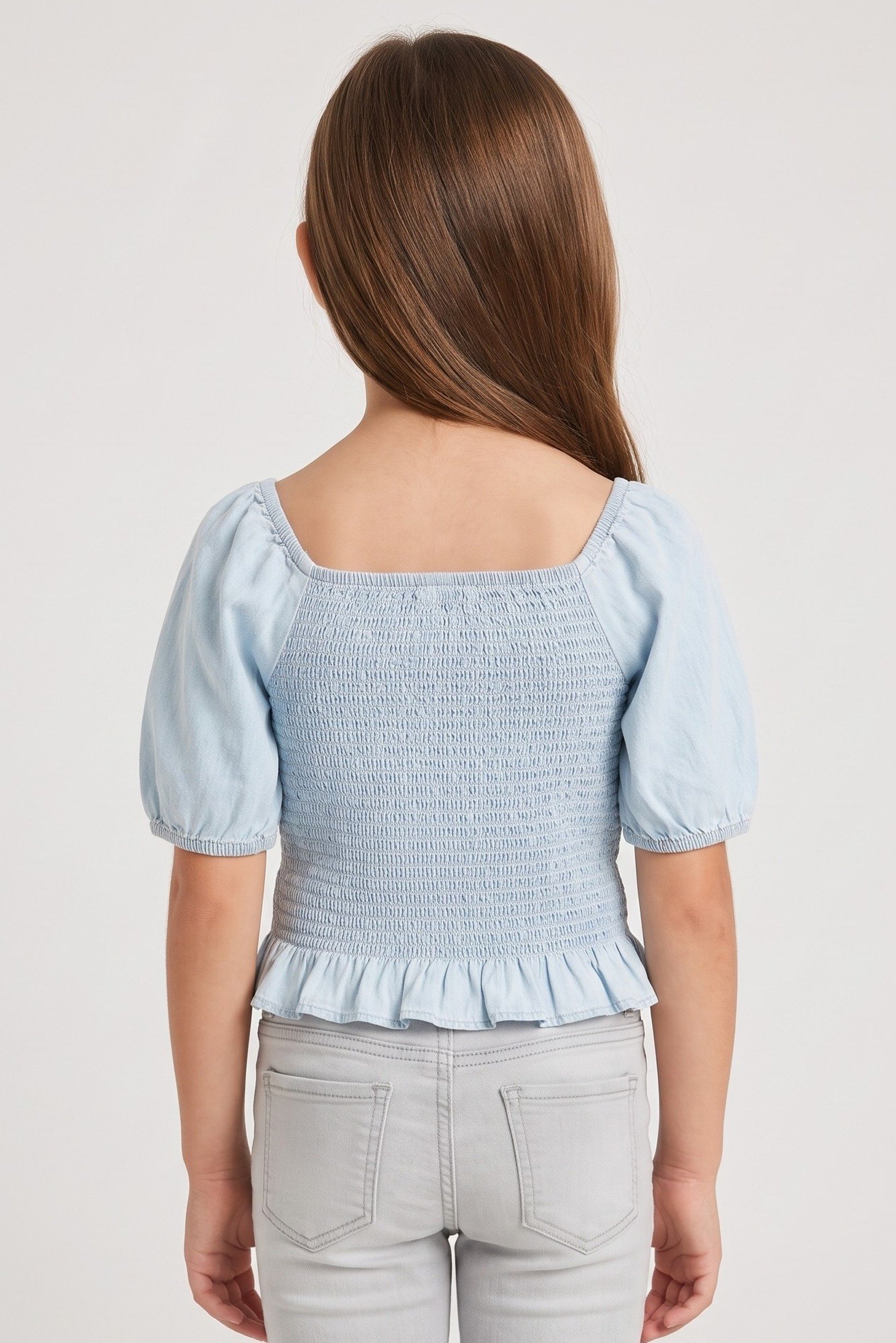 Kids Girl Square Neck Short Sleeve Washed Top, Blue