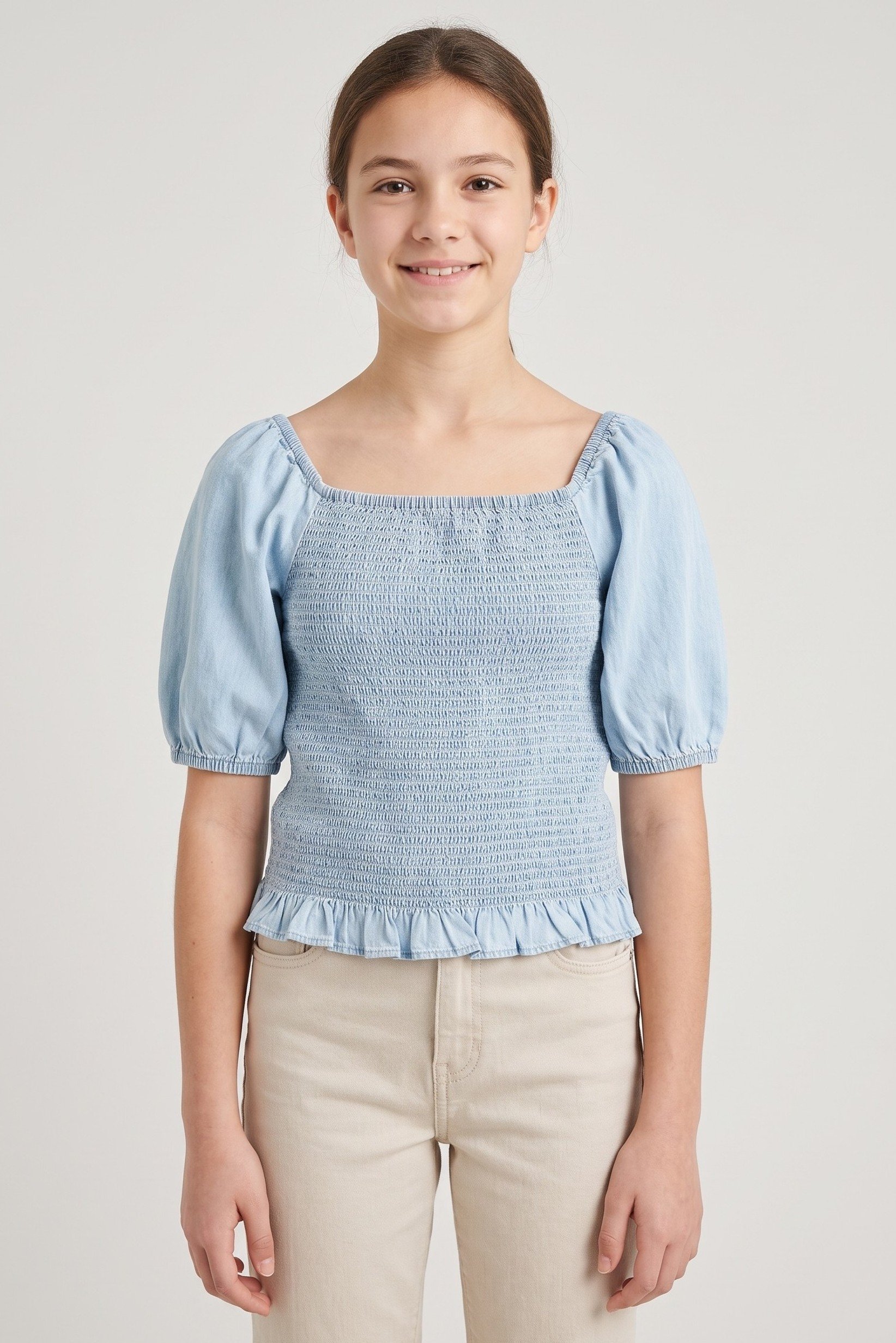 Kids Girl Shirred Short Sleeve Top, Light Blue