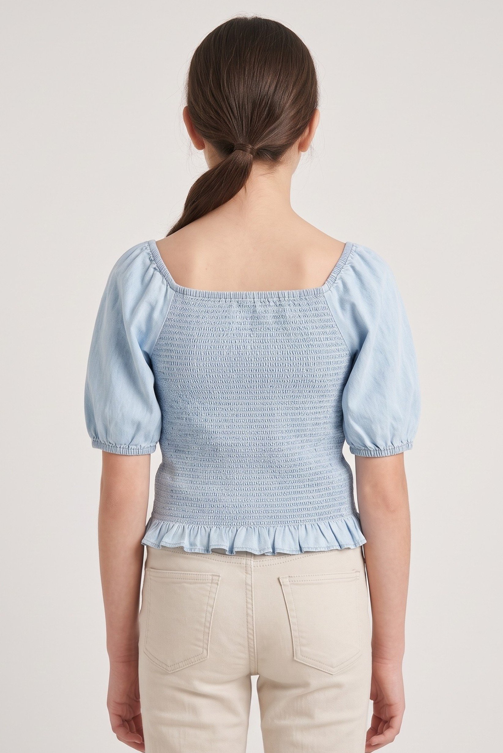 Kids Girl Shirred Short Sleeve Top, Light Blue