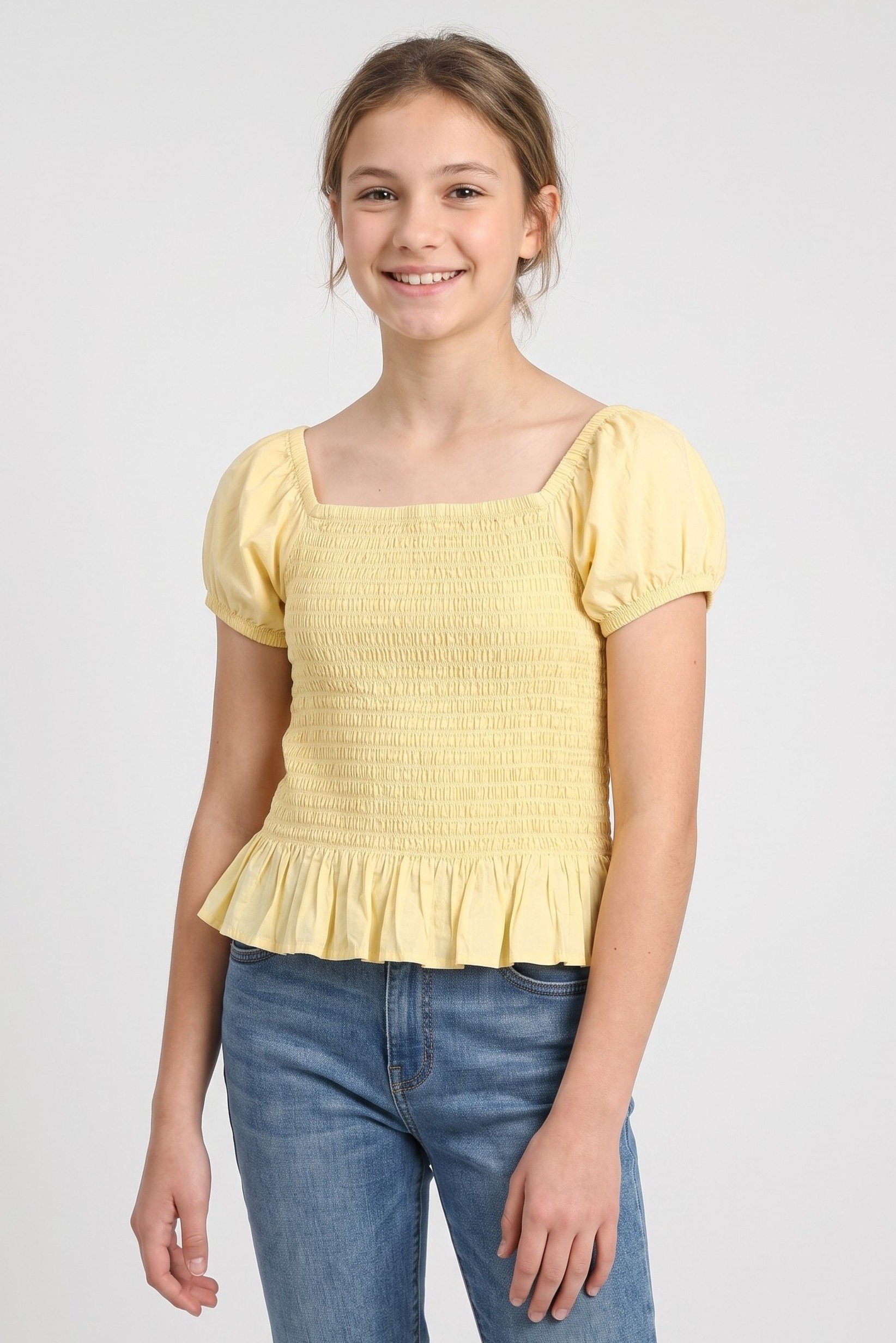 Kids Girl Square Neck Short Sleeve Plain Top, Yellow