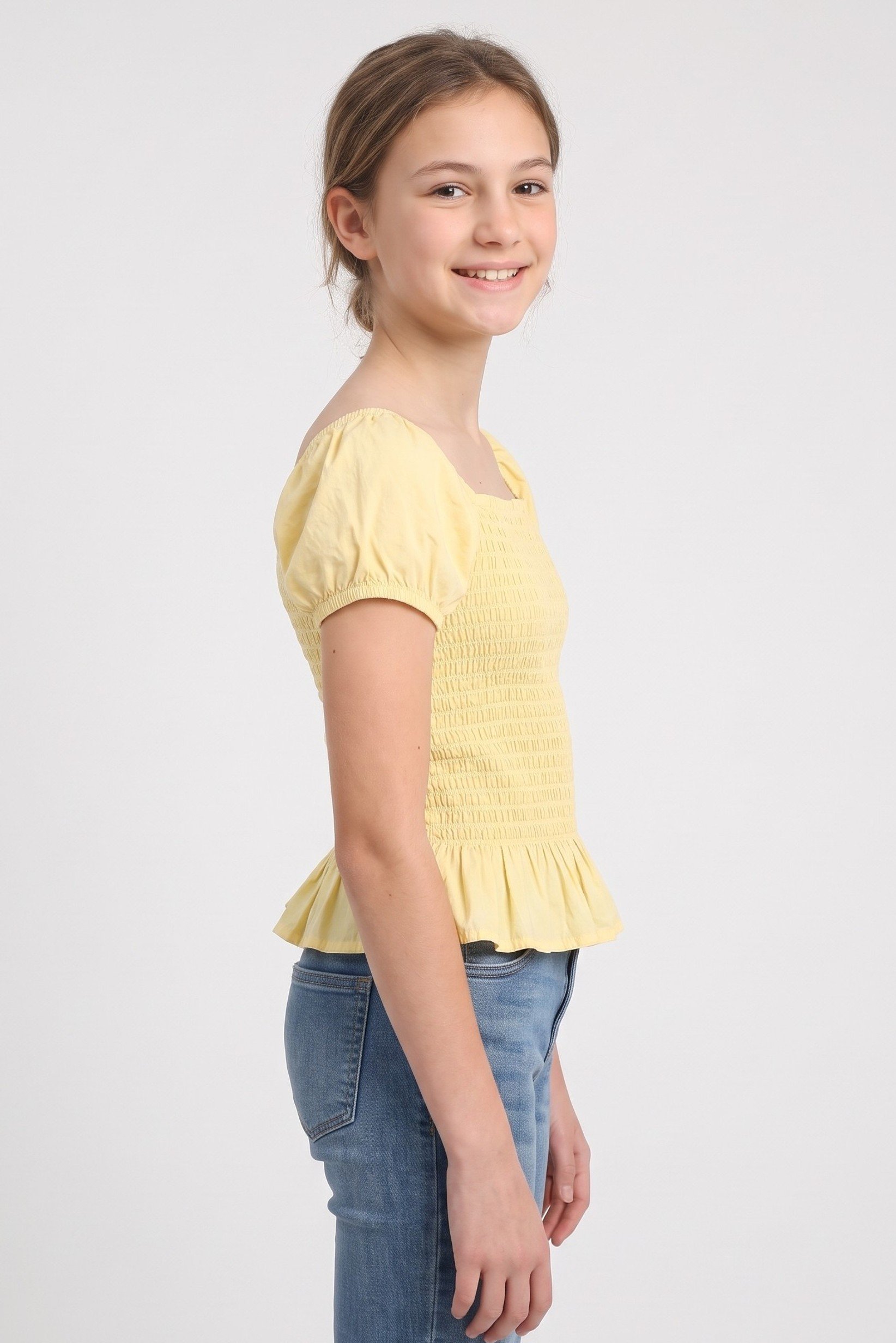 Kids Girl Square Neck Short Sleeve Plain Top, Yellow
