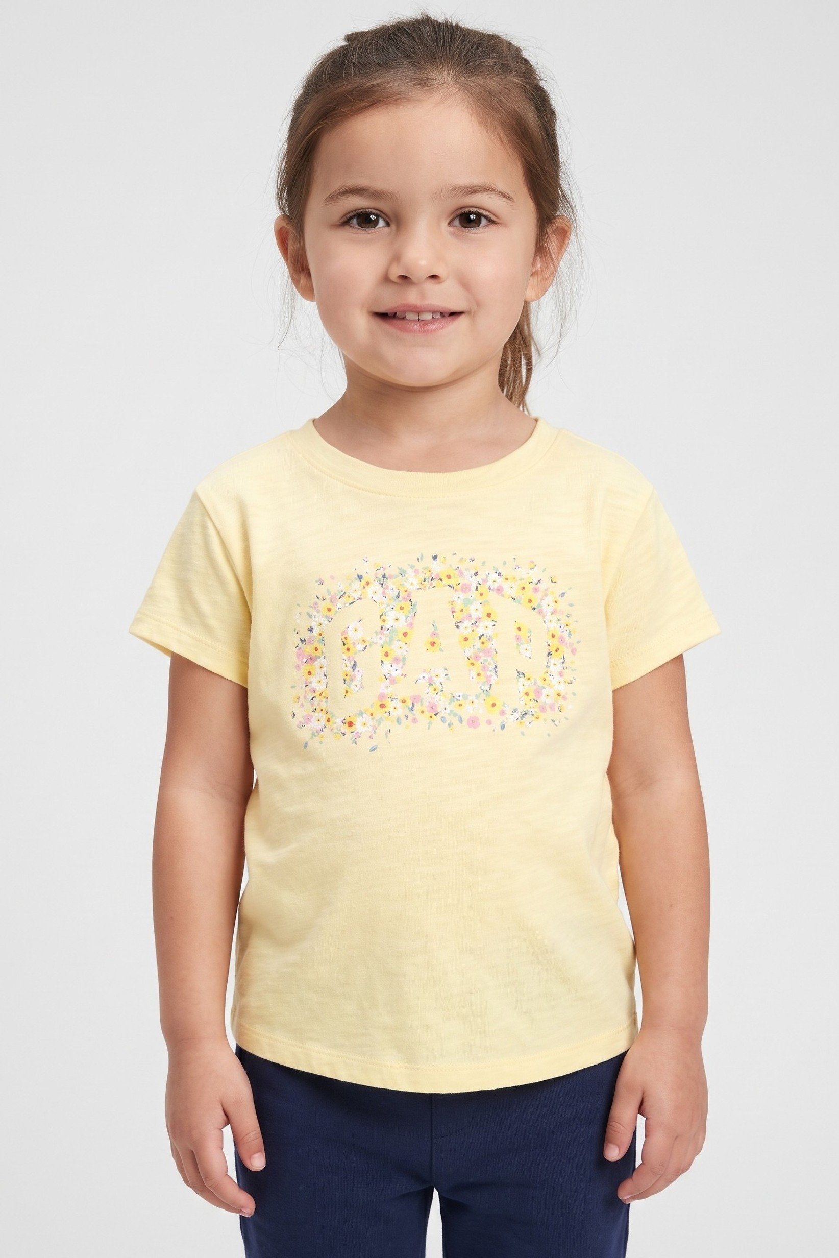 Toddlers Girl Short Sleeve Brand Logo Top, Light Yellow