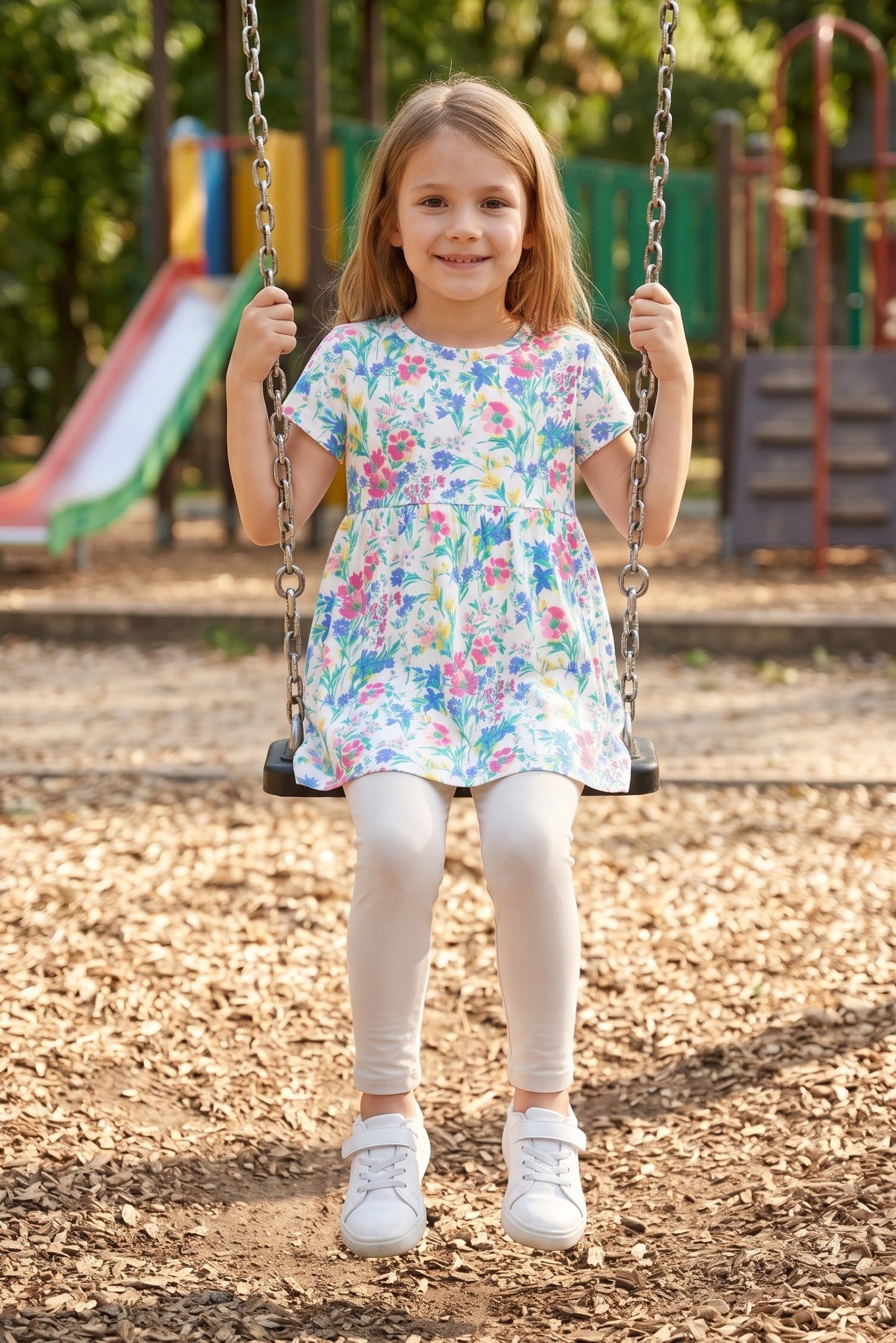 Toddlers Girl Crew Neck Short Sleeve Allover Print, Multicolor