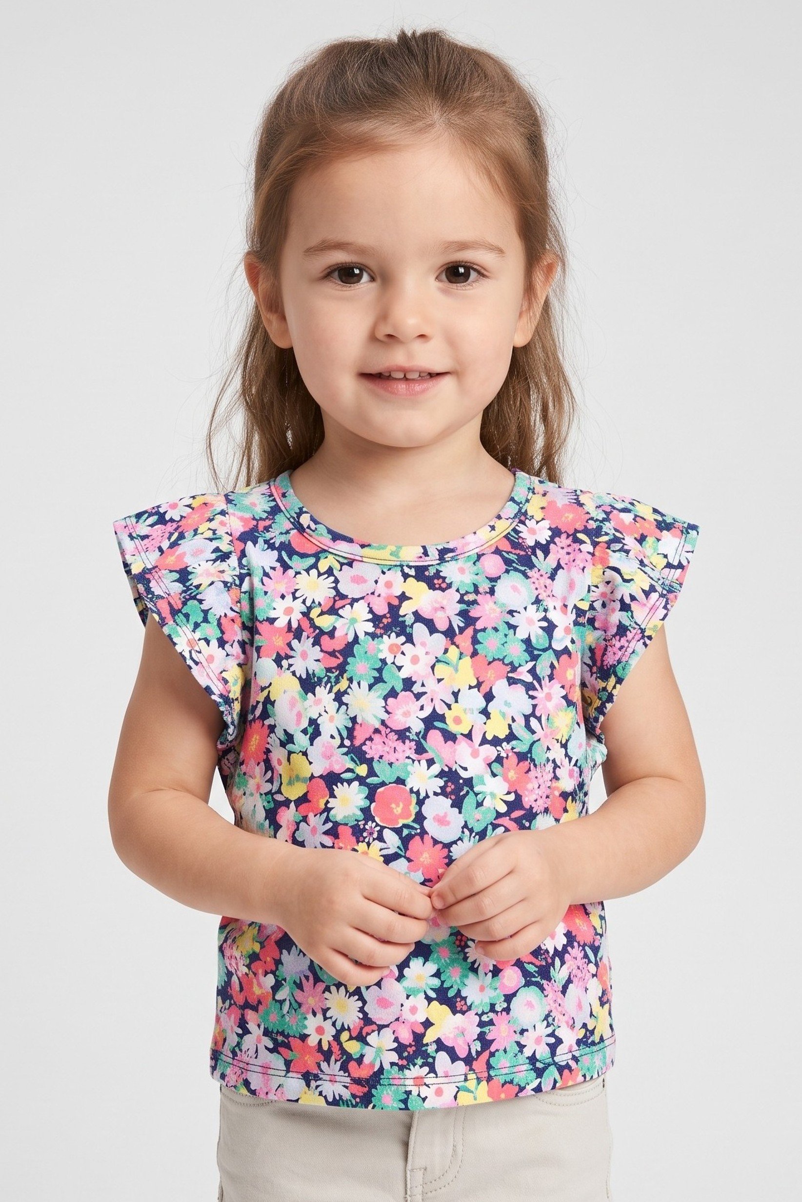 Toddlers Girl Allover Print Ruffle Sleeve Top, Multicolor