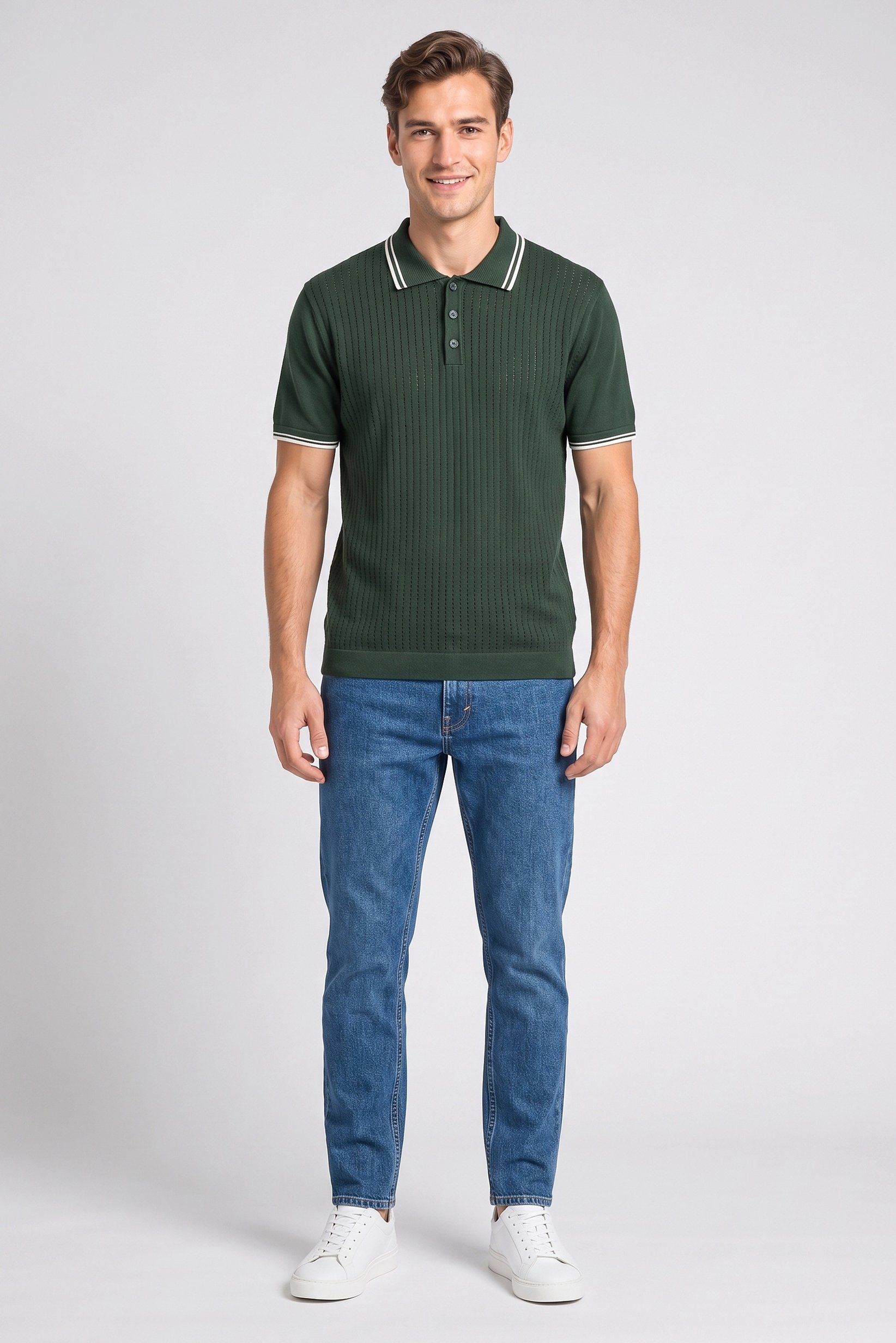 Men Regular Fit Eyelet Short Sleeve Polo Shirt, Green
