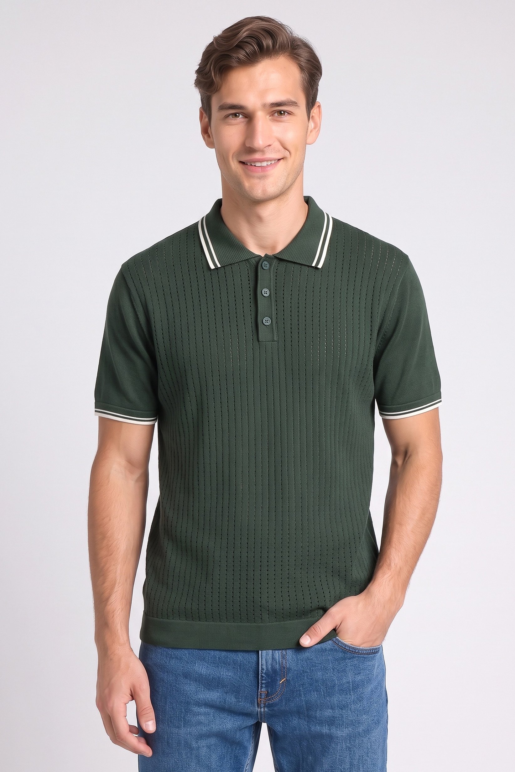 Men Regular Fit Eyelet Short Sleeve Polo Shirt, Green