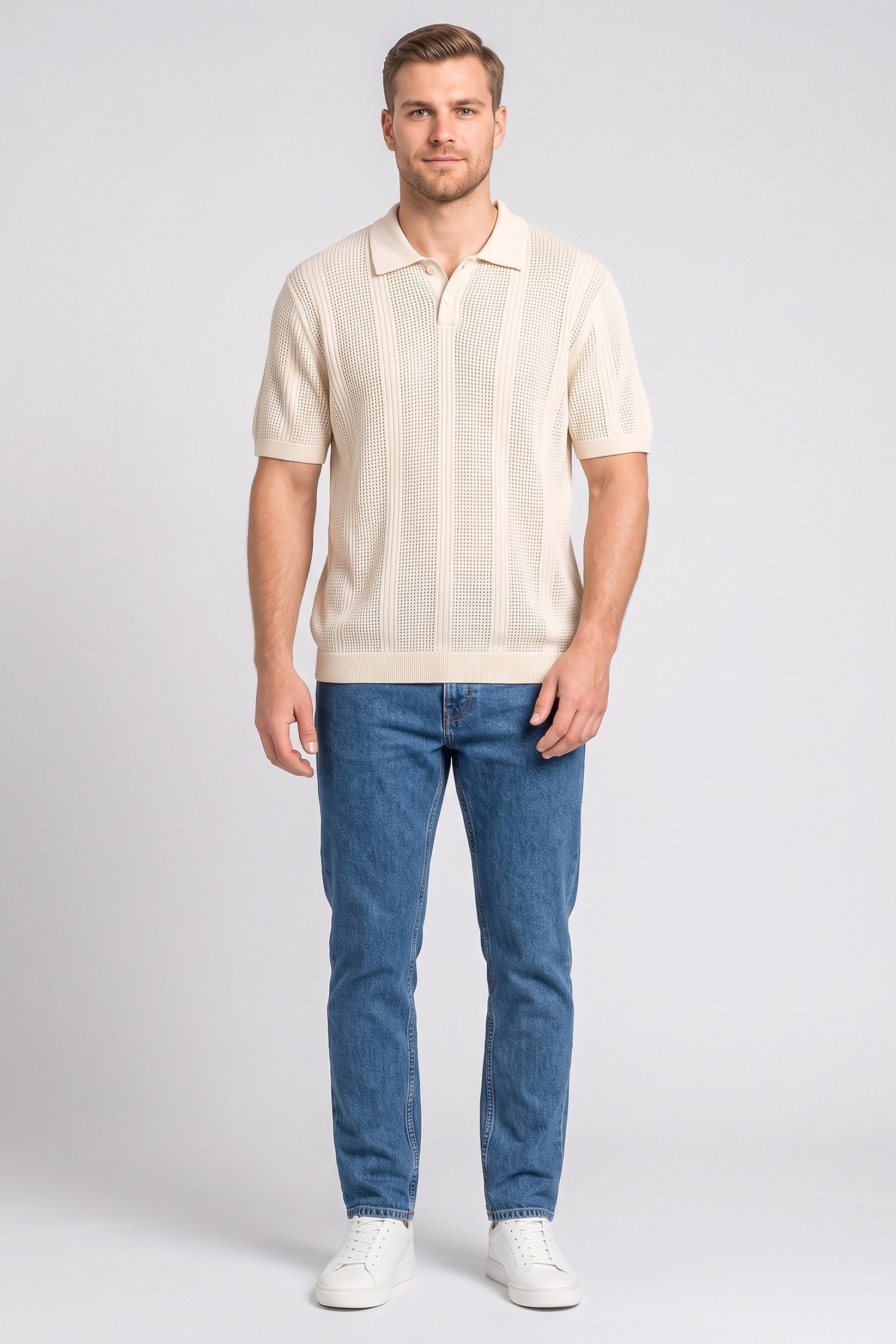 Men Regular Fit Eyelet Short Sleeve Polo Shirt, Beige