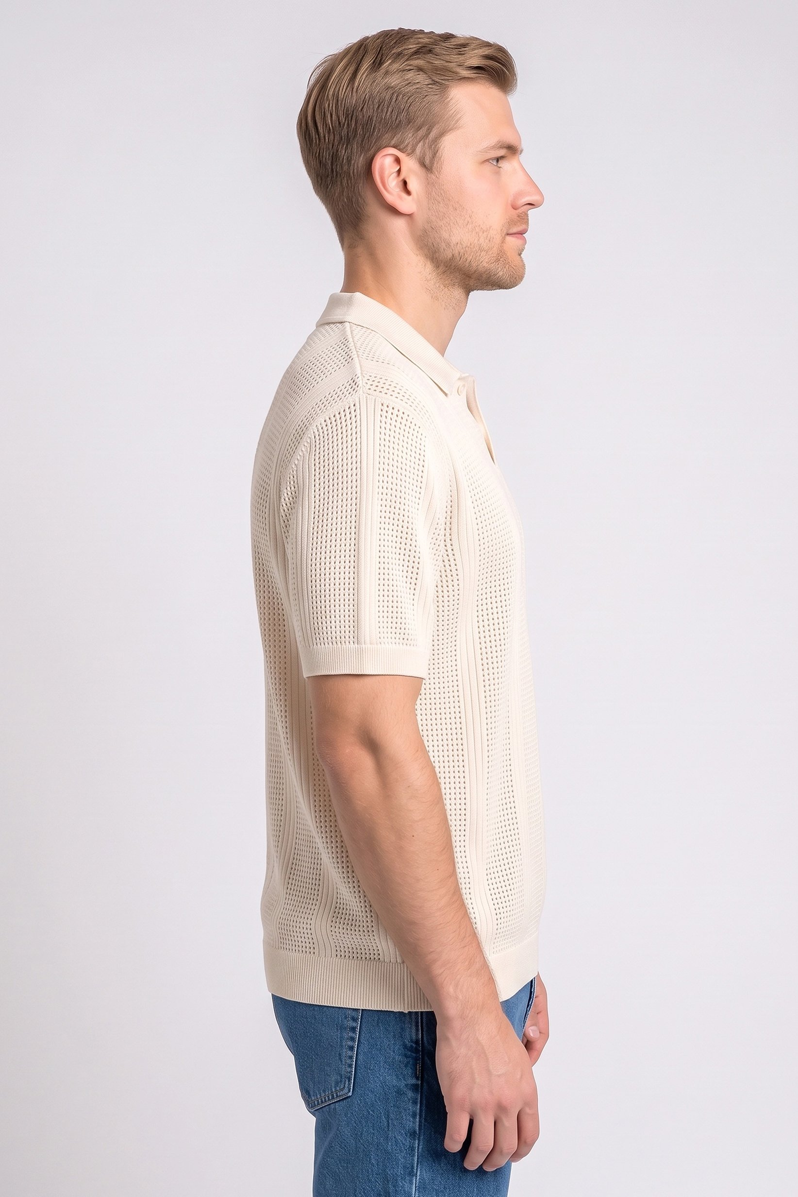 Men Regular Fit Eyelet Short Sleeve Polo Shirt, Beige