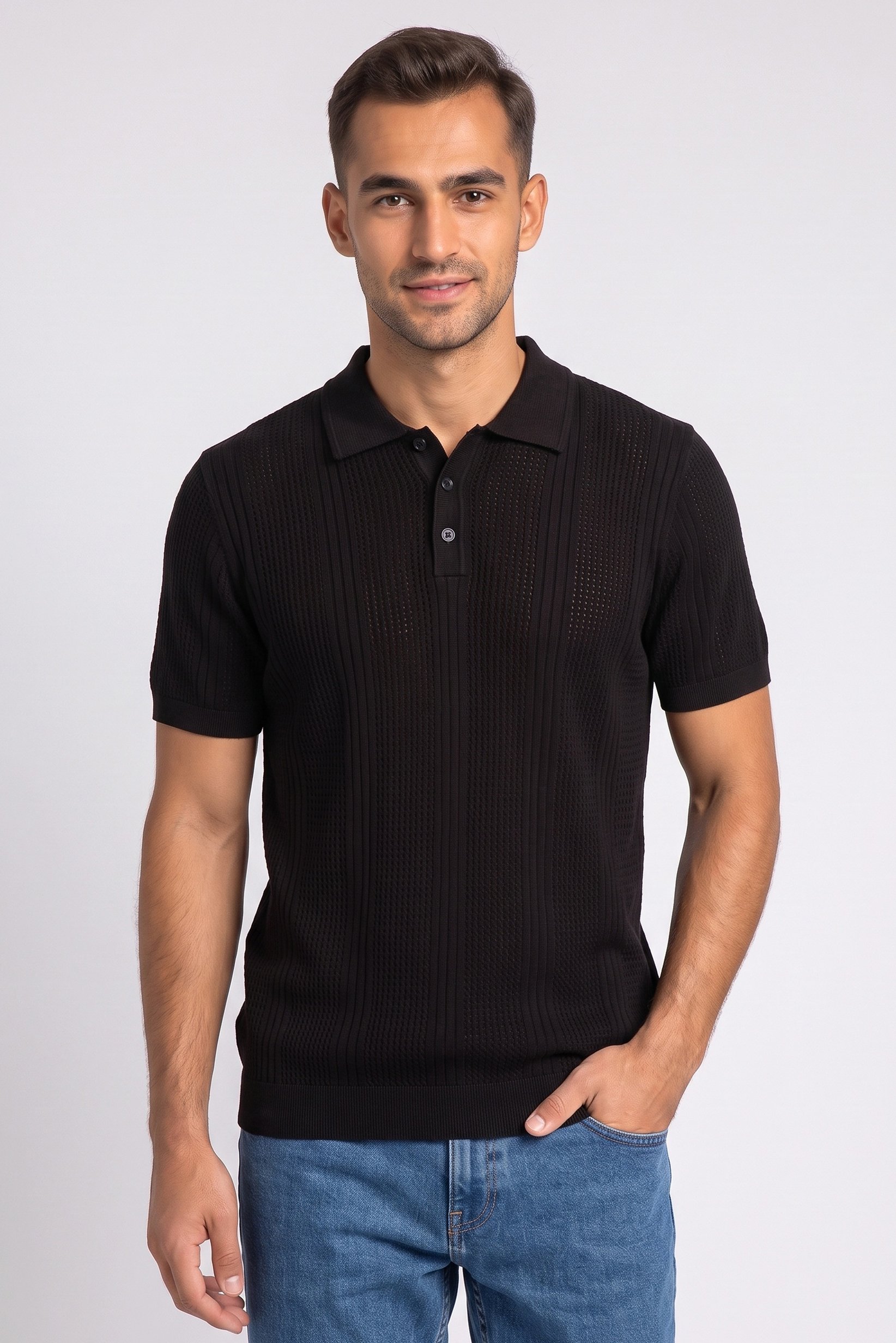 Men Relaxed Fit Eyelet Short Sleeve Polo Shirt, Black