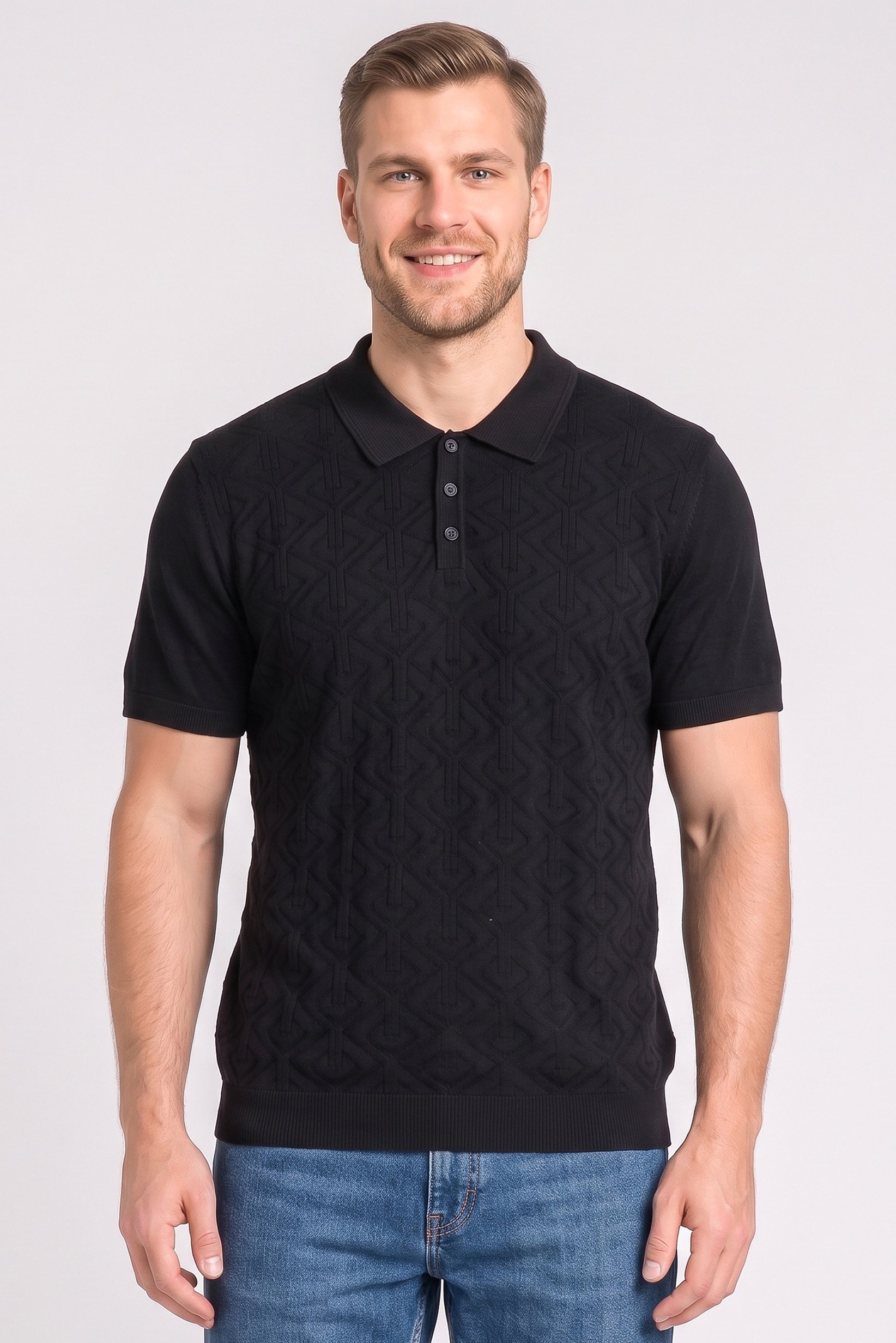 Men Regular Fit Knitted Short Sleeve Polo Shirt, Black