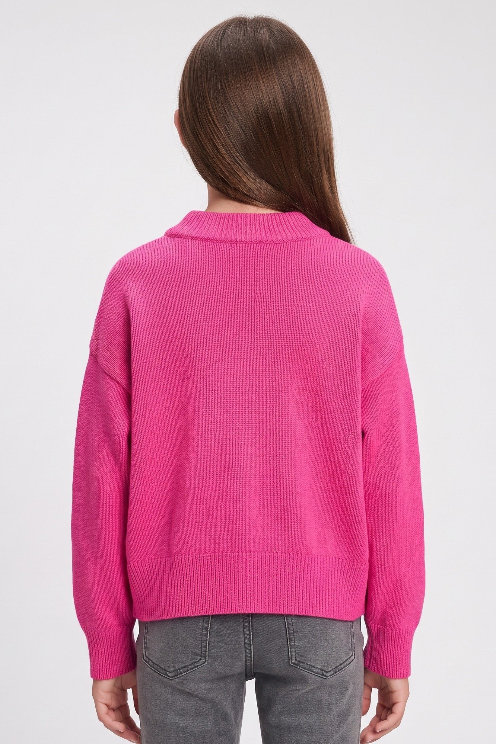 Kids Girl V Neck Ribbed Long Sleeve Sweater, Fuchsia