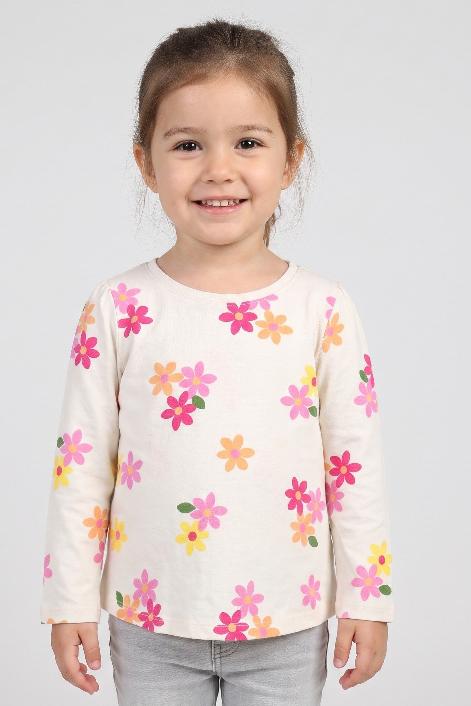 Toddlers Girl Crew Neck Floral Print Long Sleeve Top, Multicolor